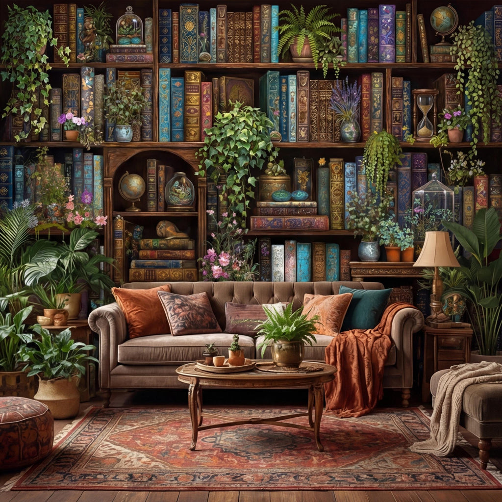 Vintage Library Bookshelf with Plants, Dark Academia Study, Antique Bookcase Bookshelves Peel and Stick Wall Mural