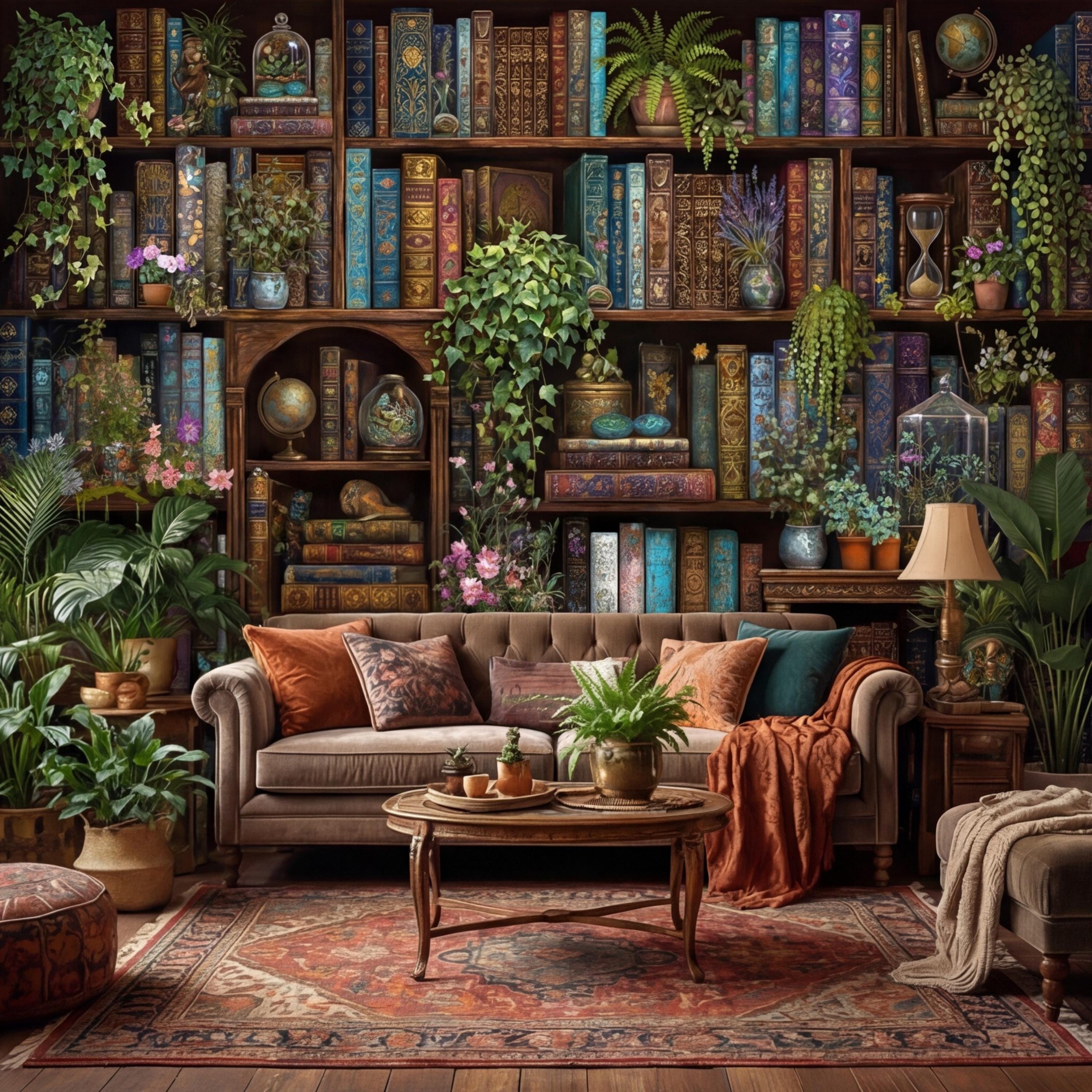 Vintage Library Bookshelf with Plants, Dark Academia Study, Antique Bookcase Bookshelves Peel and Stick Wall Mural