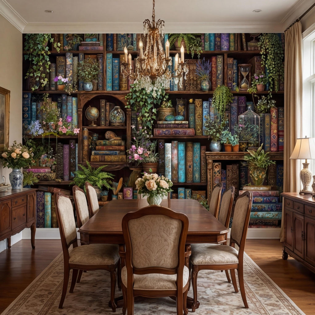 Vintage Library Bookshelf with Plants, Dark Academia Study, Antique Bookcase Bookshelves Peel and Stick Wall Mural