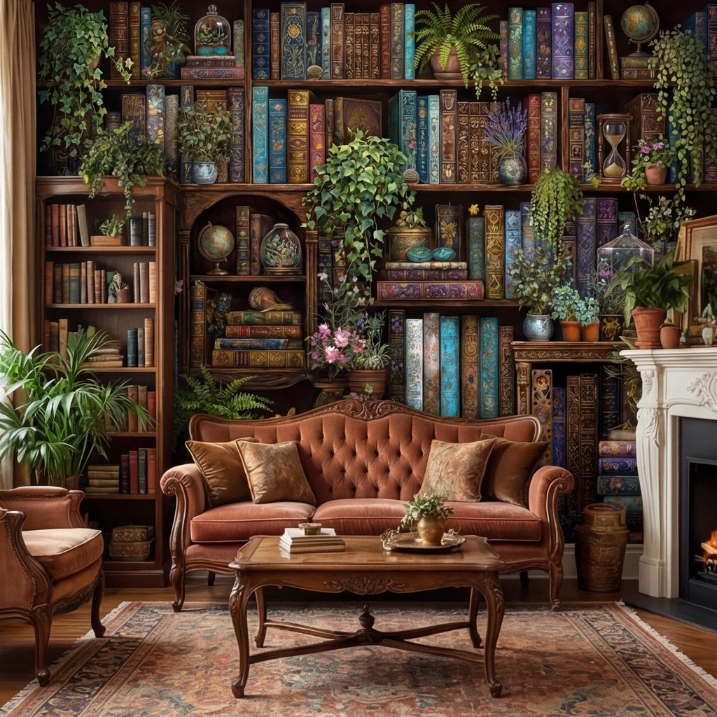 Vintage Library Bookshelf with Plants, Dark Academia Study, Antique Bookcase Bookshelves Peel and Stick Wall Mural
