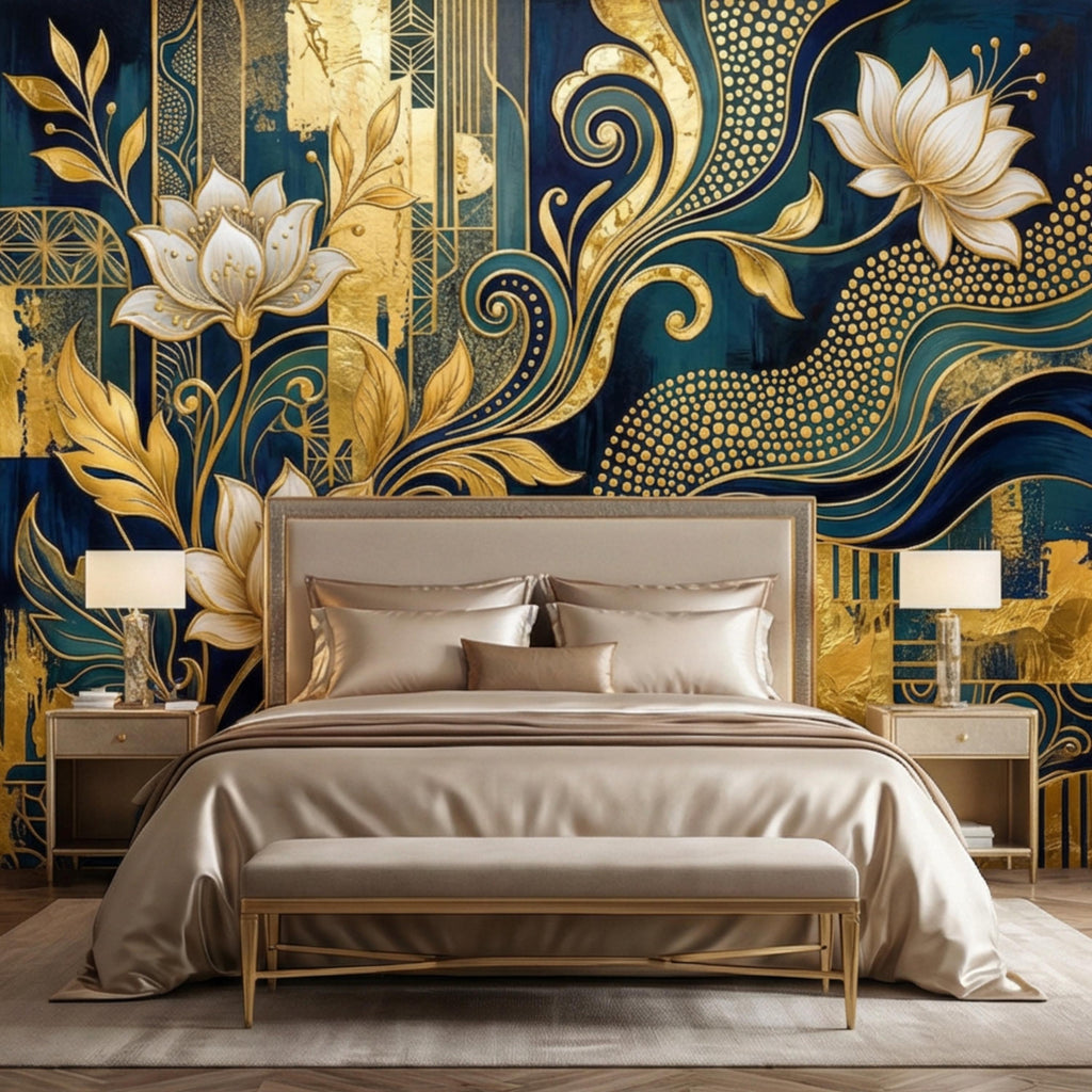 Art Deco Teal Navy & Gold Lotus Flowers Peel and Stick Wall Mural, Glam Geometric Floral Wallpaper, Bedroom Living Room Deco