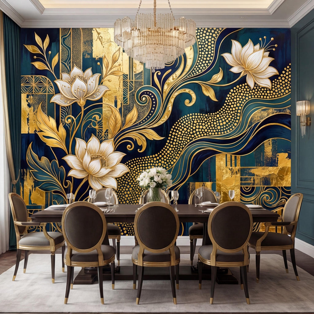 Art Deco Teal Navy & Gold Lotus Flowers Peel and Stick Wall Mural, Glam Geometric Floral Wallpaper, Bedroom Living Room Deco