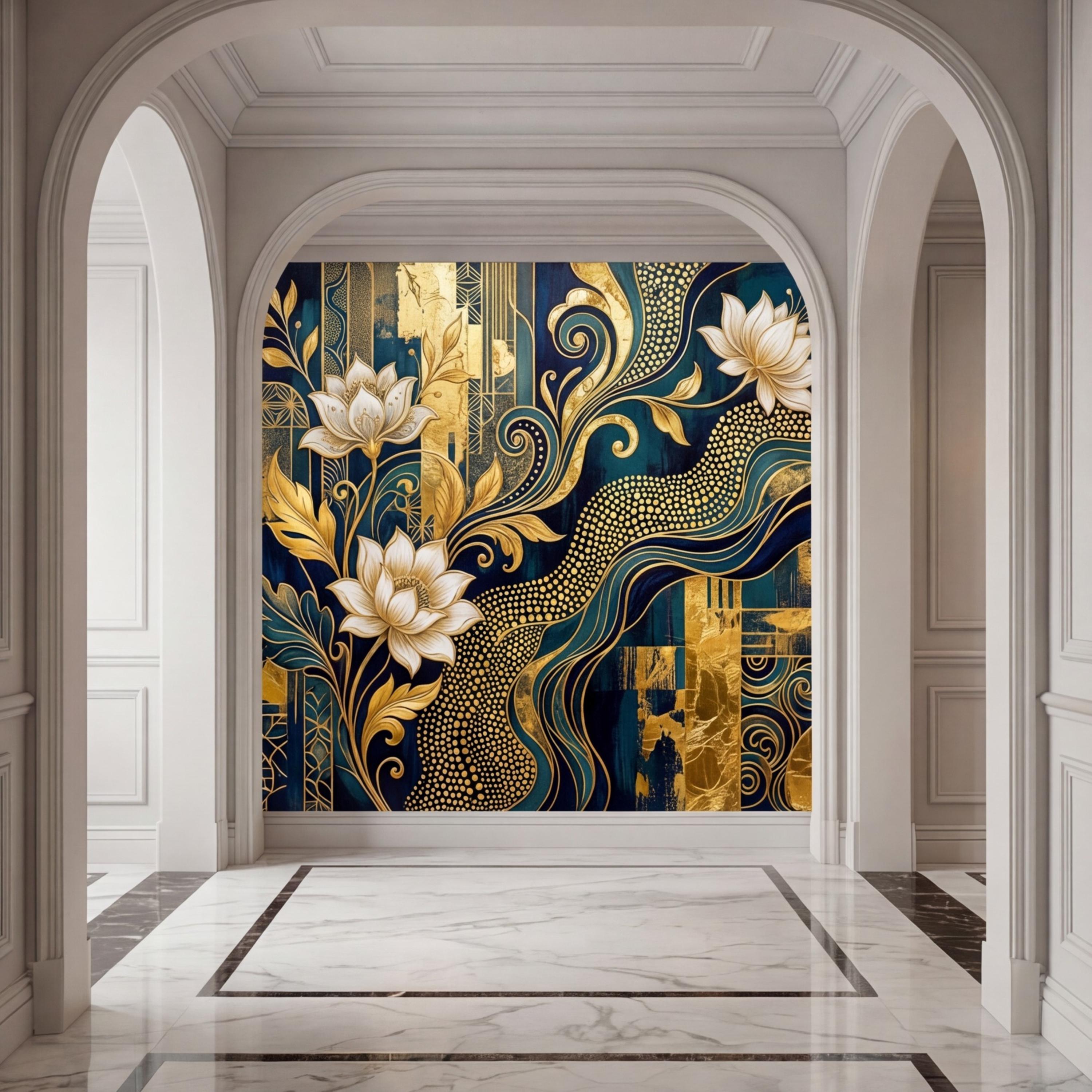 Art Deco Teal Navy & Gold Lotus Flowers Peel and Stick Wall Mural, Glam Geometric Floral Wallpaper, Bedroom Living Room Deco