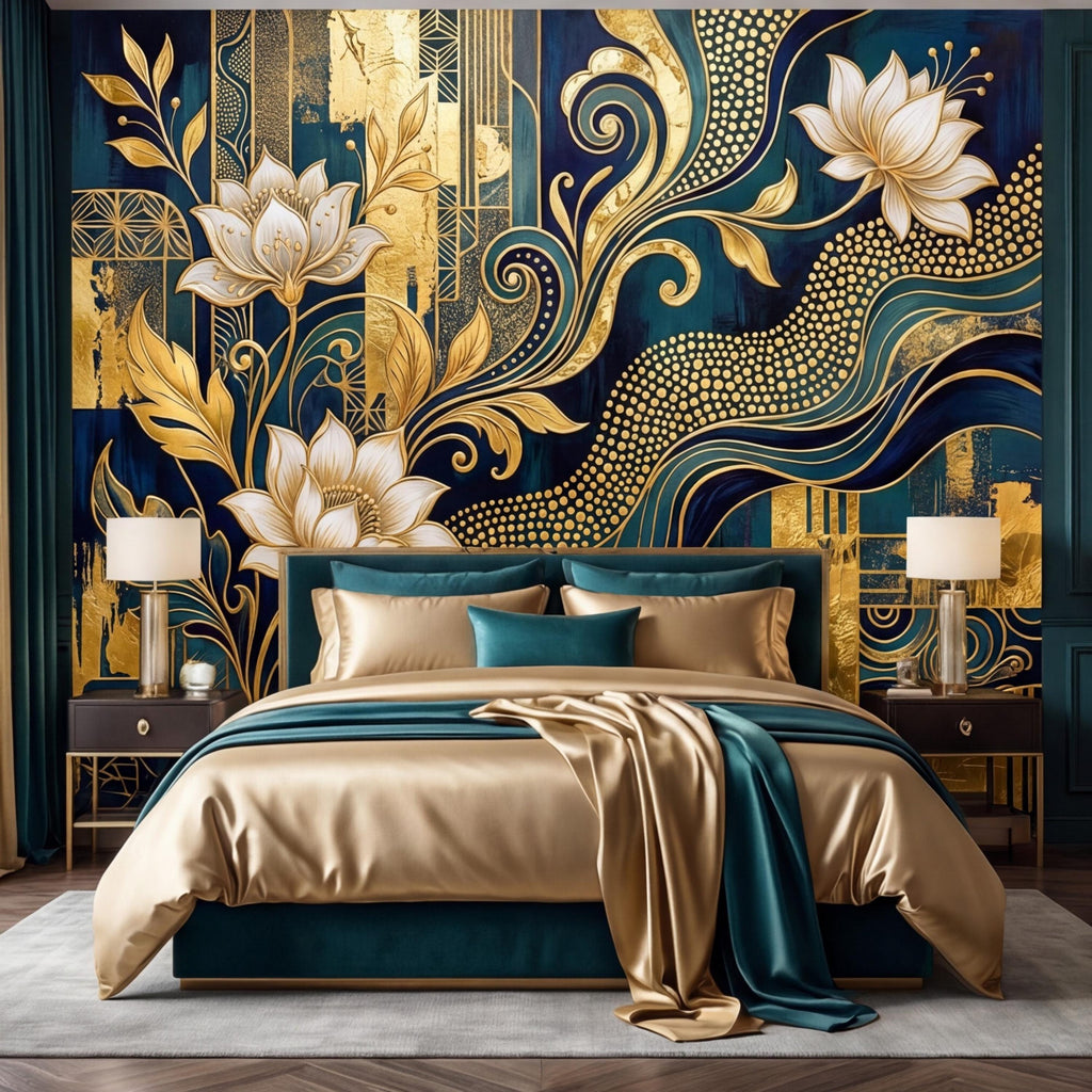 Art Deco Teal Navy & Gold Lotus Flowers Peel and Stick Wall Mural, Glam Geometric Floral Wallpaper, Bedroom Living Room Deco