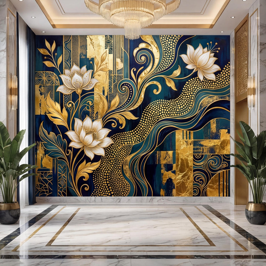 Art Deco Teal Navy & Gold Lotus Flowers Peel and Stick Wall Mural, Glam Geometric Floral Wallpaper, Bedroom Living Room Deco