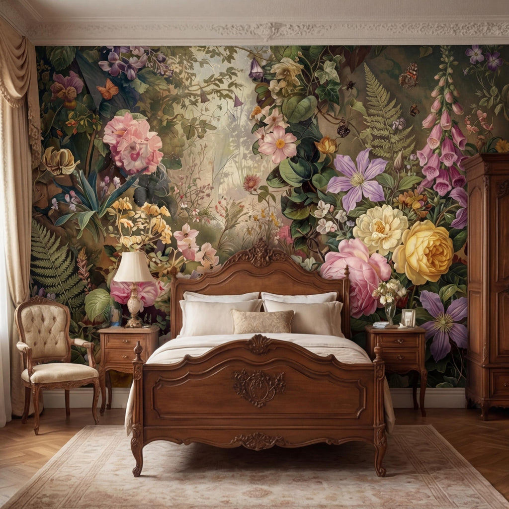 Moody Victorian Floral Garden with Roses Wildflowers Ivy and Butterflies Peel and Stick Wall Mural
