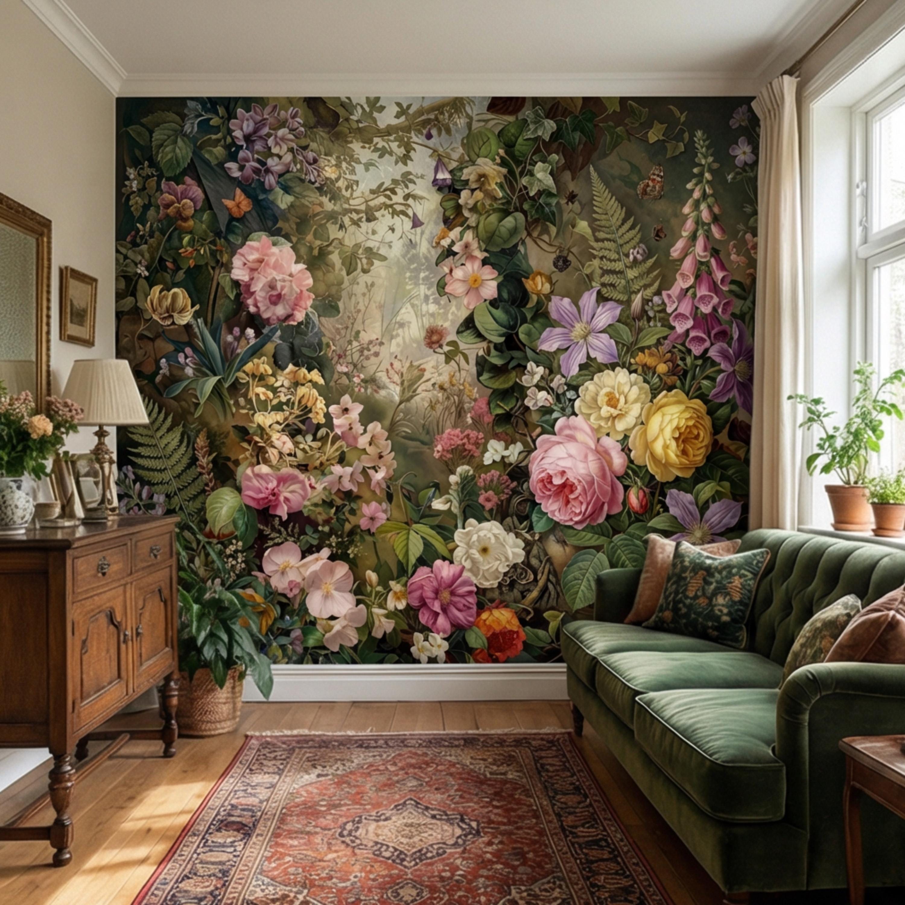 Moody Victorian Floral Garden with Roses Wildflowers Ivy and Butterflies Peel and Stick Wall Mural