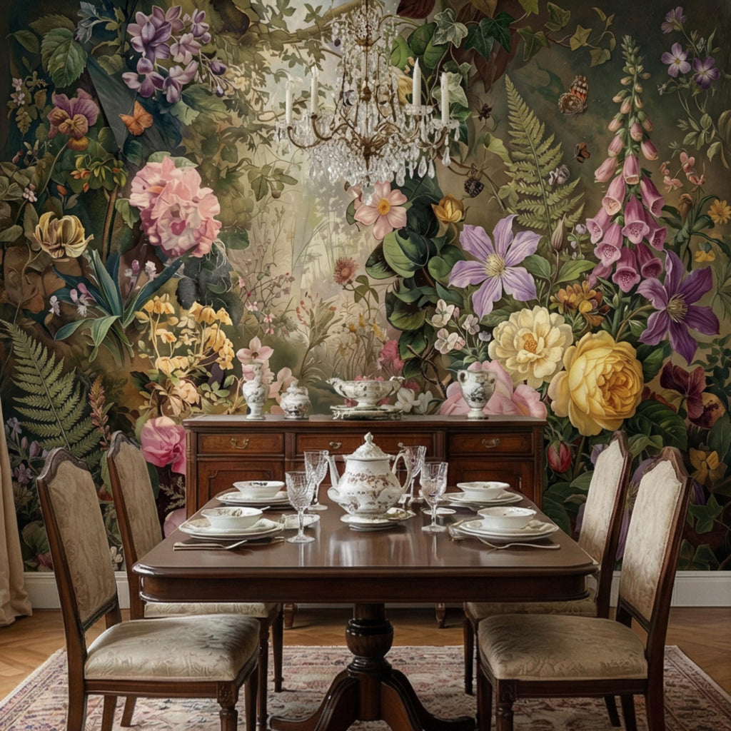 Moody Victorian Floral Garden with Roses Wildflowers Ivy and Butterflies Peel and Stick Wall Mural