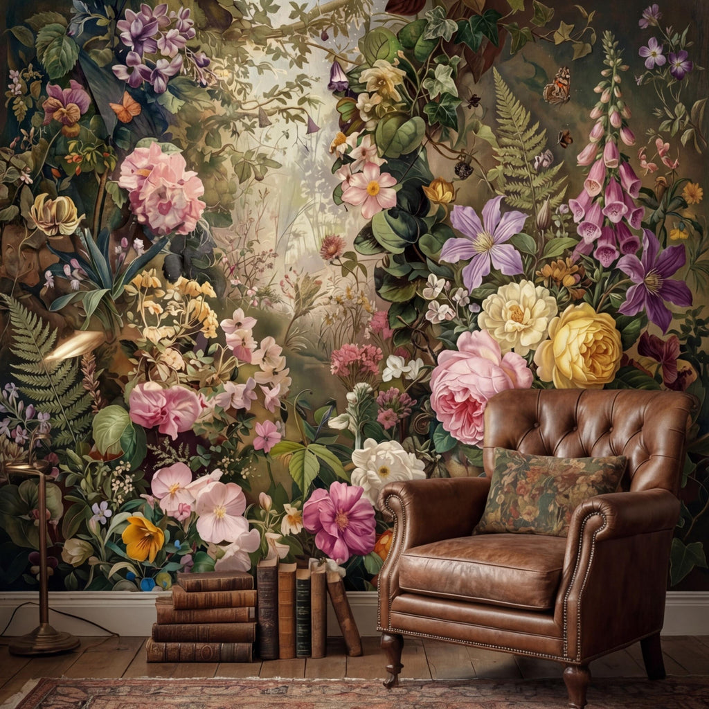 Moody Victorian Floral Garden with Roses Wildflowers Ivy and Butterflies Peel and Stick Wall Mural