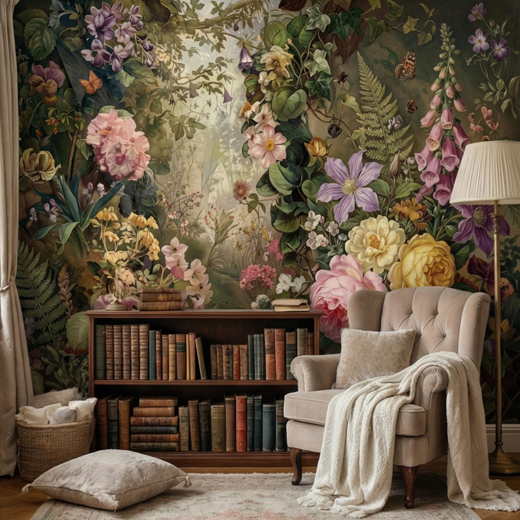 Moody Victorian Floral Garden with Roses Wildflowers Ivy and Butterflies Peel and Stick Wall Mural