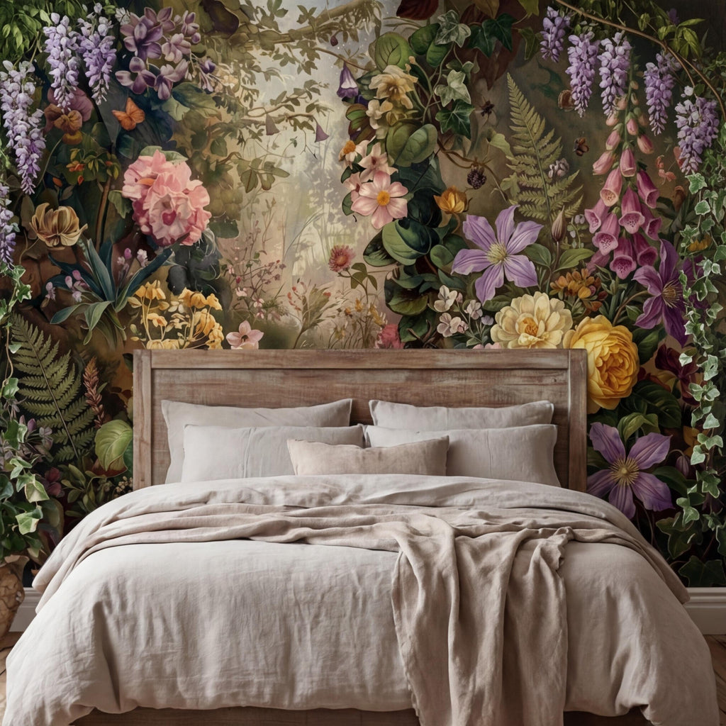 Moody Victorian Floral Garden with Roses Wildflowers Ivy and Butterflies Peel and Stick Wall Mural