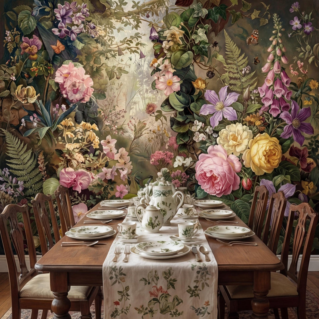 Moody Victorian Floral Garden with Roses Wildflowers Ivy and Butterflies Peel and Stick Wall Mural