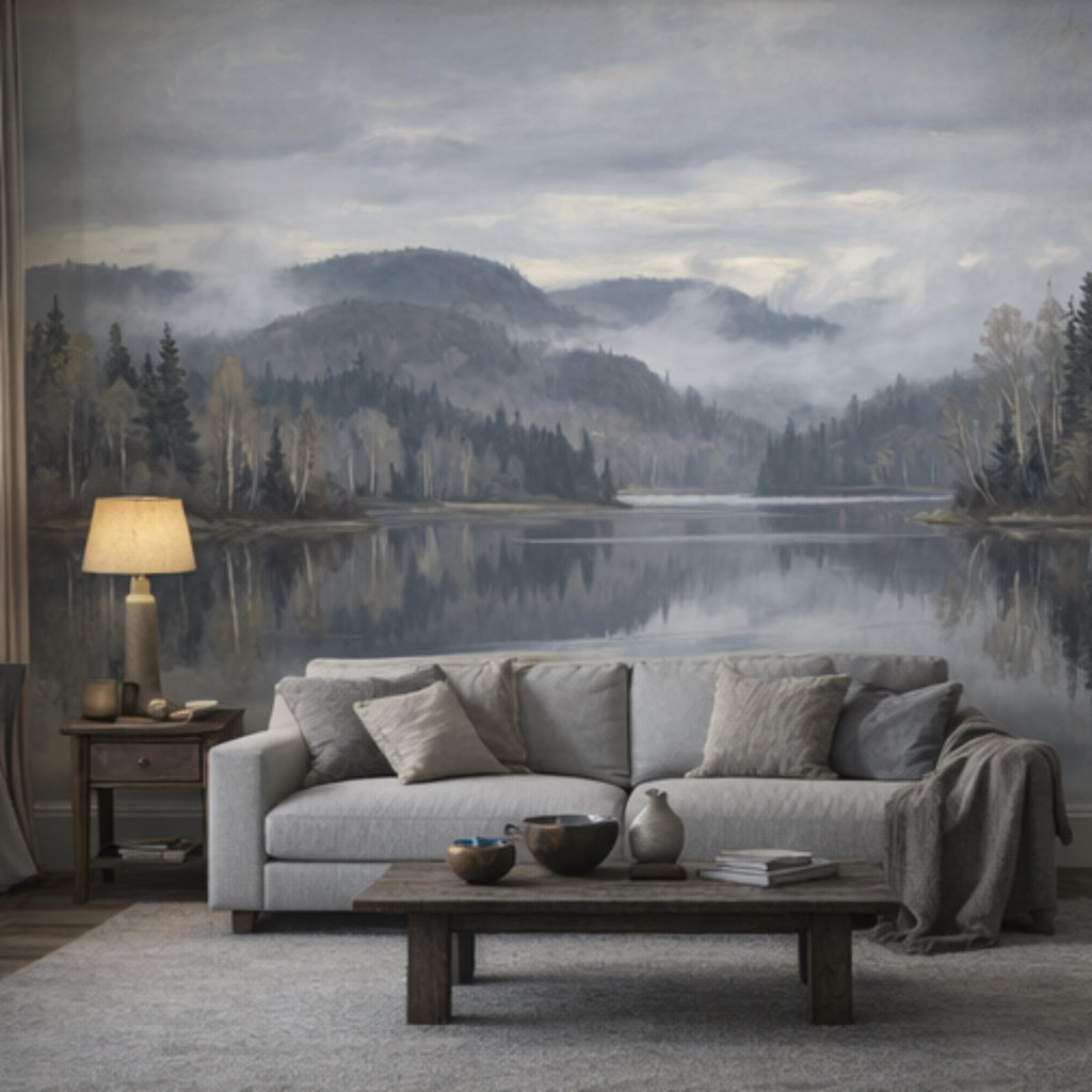 Misty Mountain Lake Landscape Peel and Stick Wall Mural, Moody Foggy Forest Water Reflection Neutral Nature Wallpaper