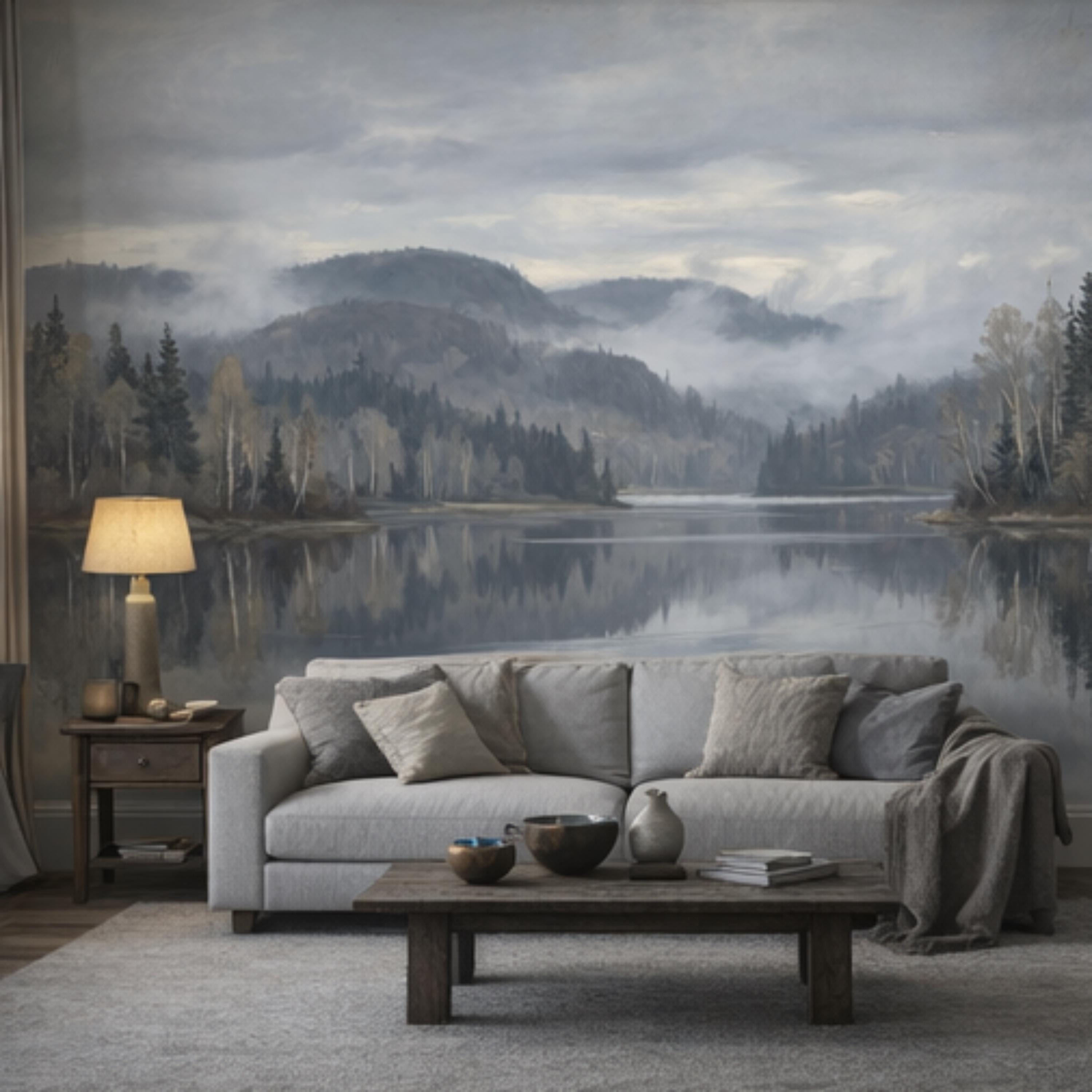 Misty Mountain Lake Landscape Peel and Stick Wall Mural, Moody Foggy Forest Water Reflection Neutral Nature Wallpaper