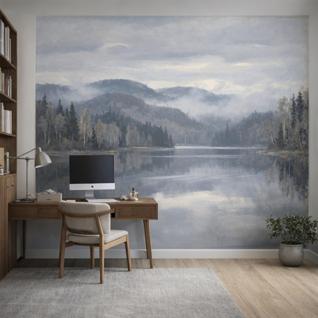 Misty Mountain Lake Landscape Peel and Stick Wall Mural, Moody Foggy Forest Water Reflection Neutral Nature Wallpaper