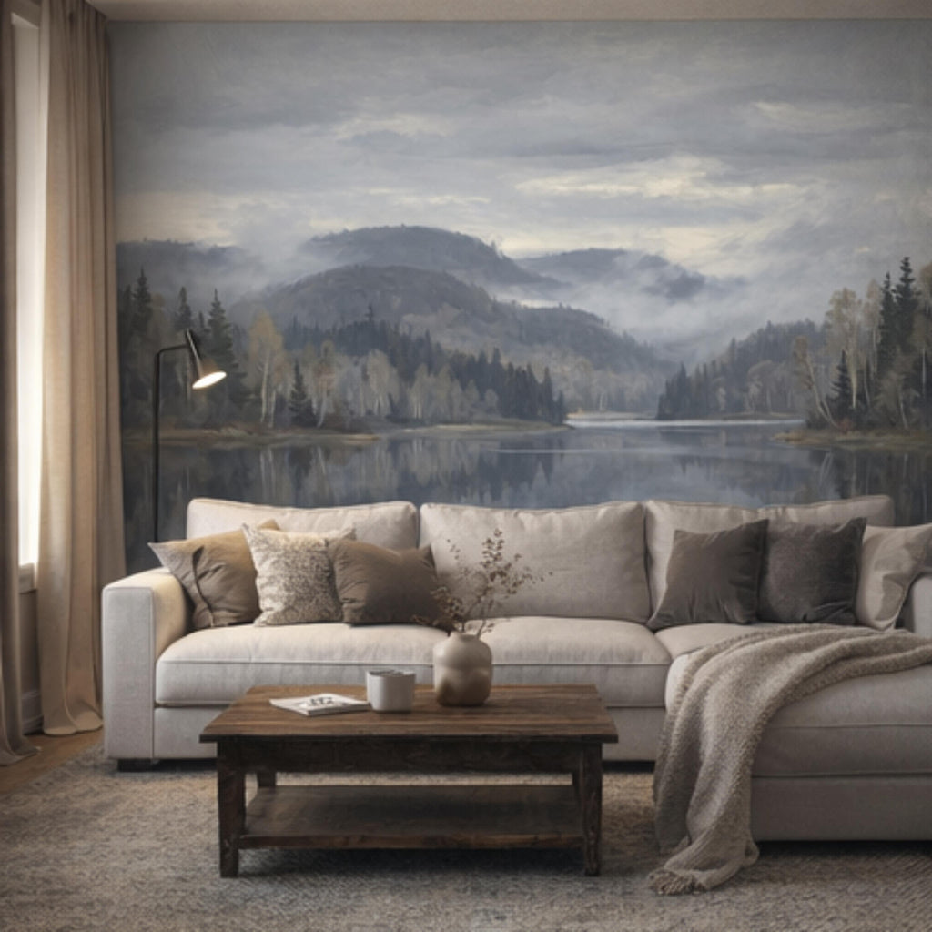 Misty Mountain Lake Landscape Peel and Stick Wall Mural, Moody Foggy Forest Water Reflection Neutral Nature Wallpaper
