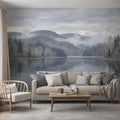 Misty Mountain Lake Landscape Peel and Stick Wall Mural, Moody Foggy Forest Water Reflection Neutral Nature Wallpaper