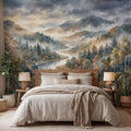 Misty Mountain River Landscape Watercolor Autumn Forest Valley Neutral Nature Peel and Stick Wall Mural