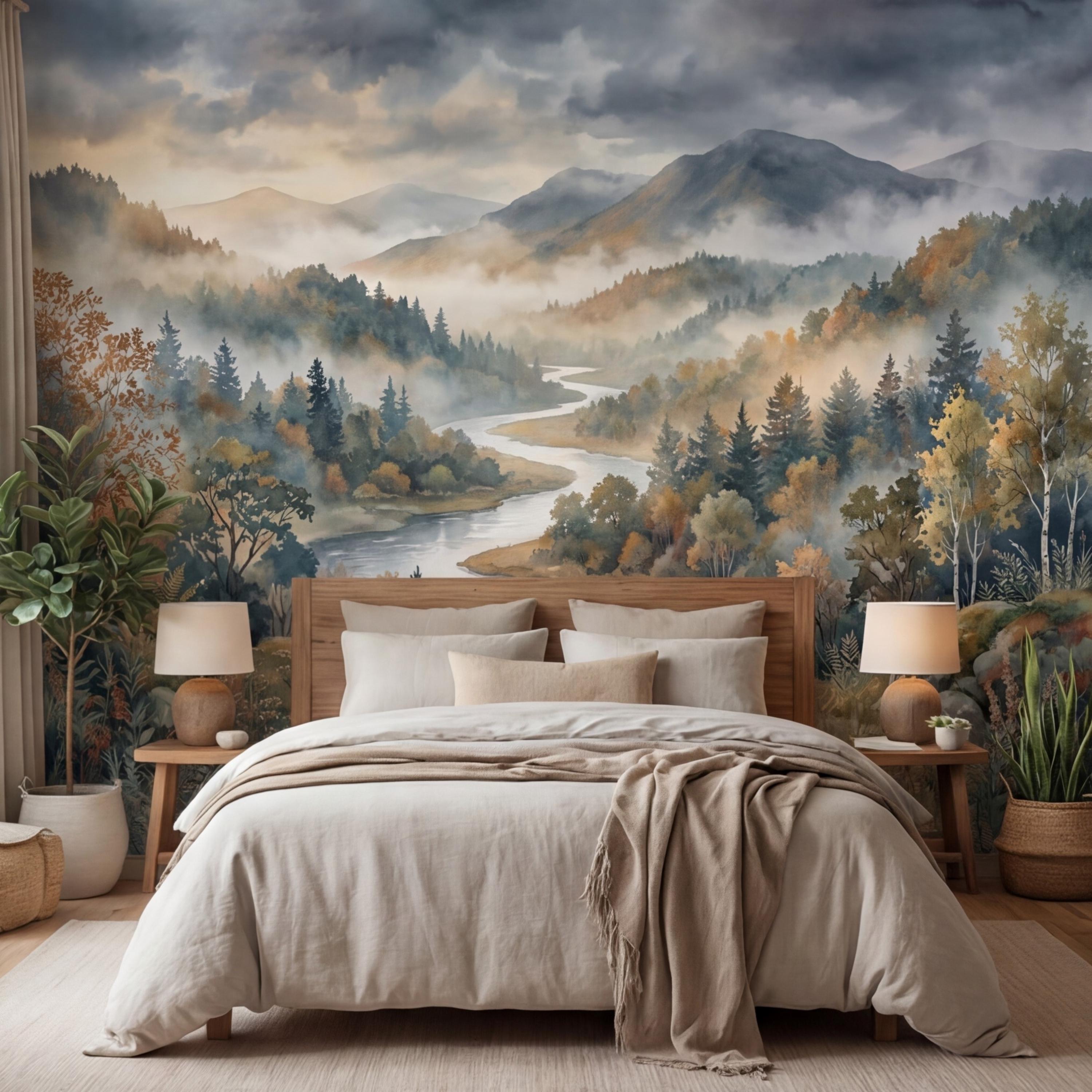 Misty Mountain River Landscape Watercolor Autumn Forest Valley Neutral Nature Peel and Stick Wall Mural