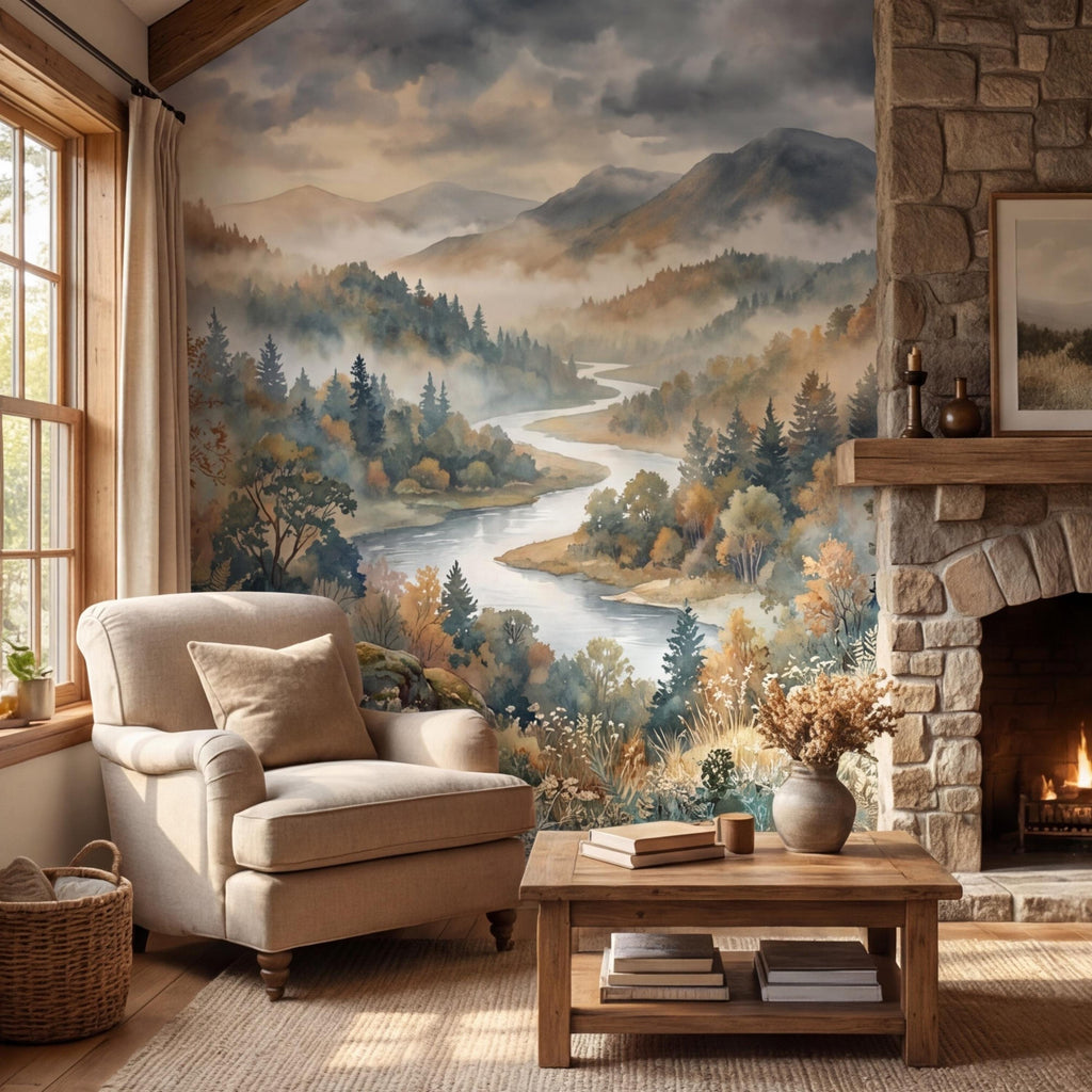 Misty Mountain River Landscape Watercolor Autumn Forest Valley Neutral Nature Peel and Stick Wall Mural