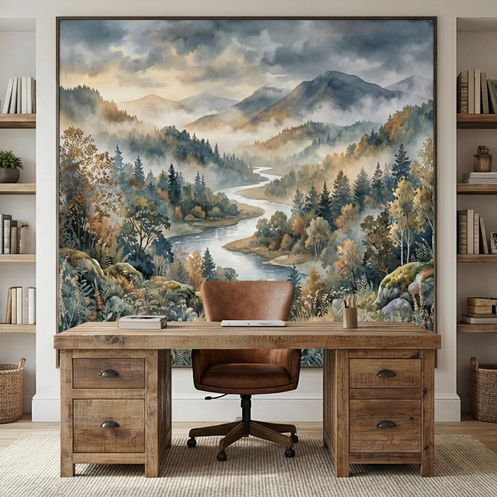 Misty Mountain River Landscape Watercolor Autumn Forest Valley Neutral Nature Peel and Stick Wall Mural
