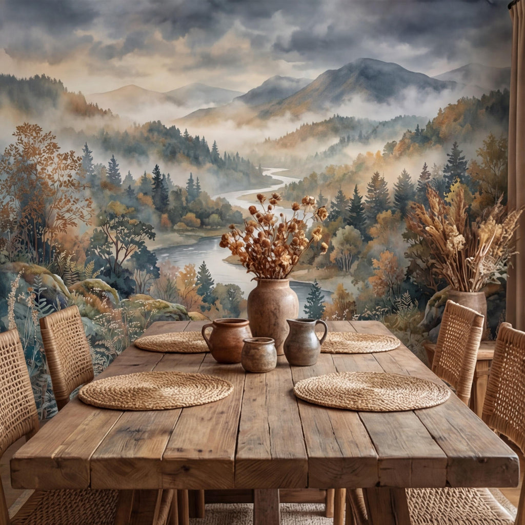 Misty Mountain River Landscape Watercolor Autumn Forest Valley Neutral Nature Peel and Stick Wall Mural