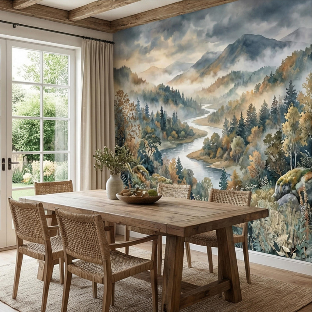 Misty Mountain River Landscape Watercolor Autumn Forest Valley Neutral Nature Peel and Stick Wall Mural