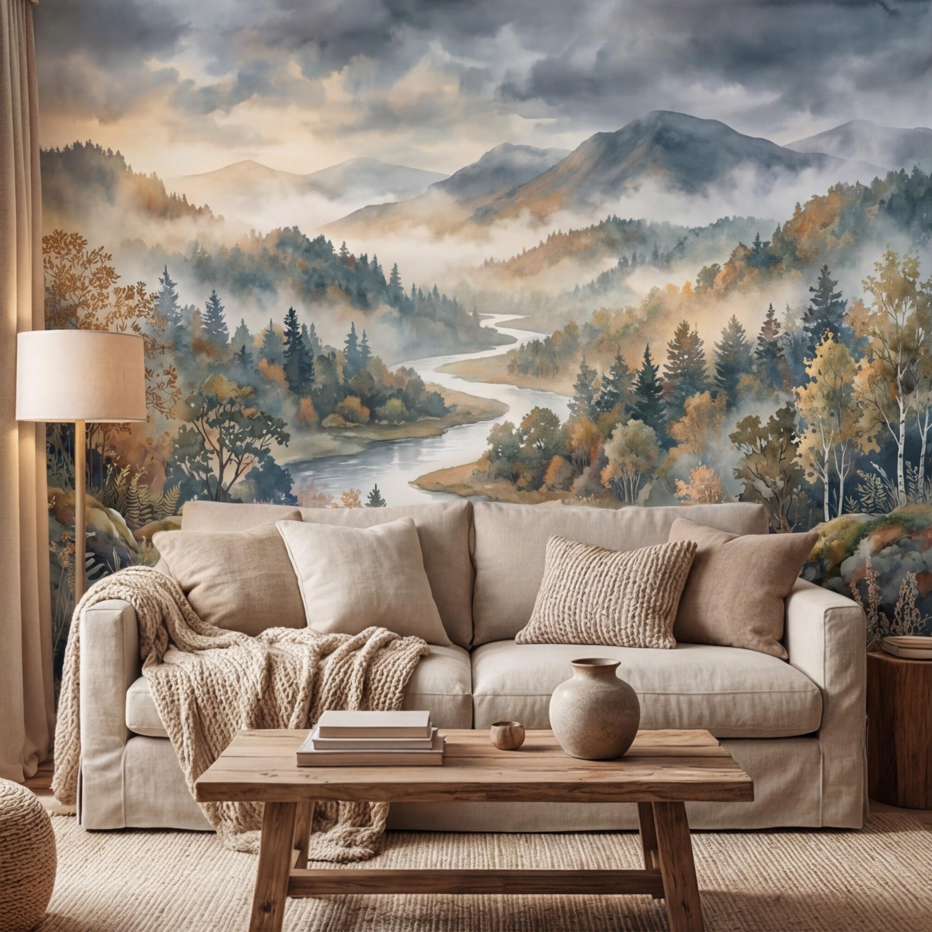 Misty Mountain River Landscape Watercolor Autumn Forest Valley Neutral Nature Peel and Stick Wall Mural