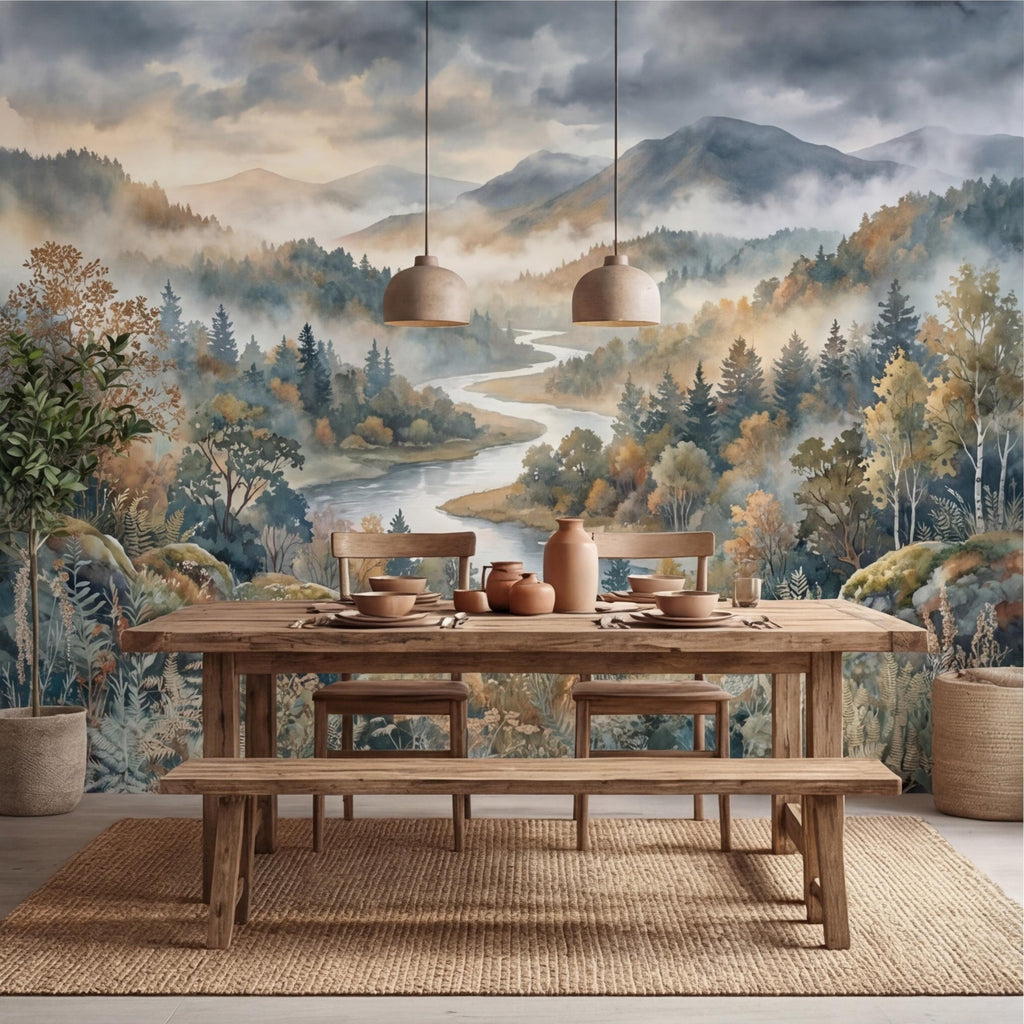 Misty Mountain River Landscape Watercolor Autumn Forest Valley Neutral Nature Peel and Stick Wall Mural