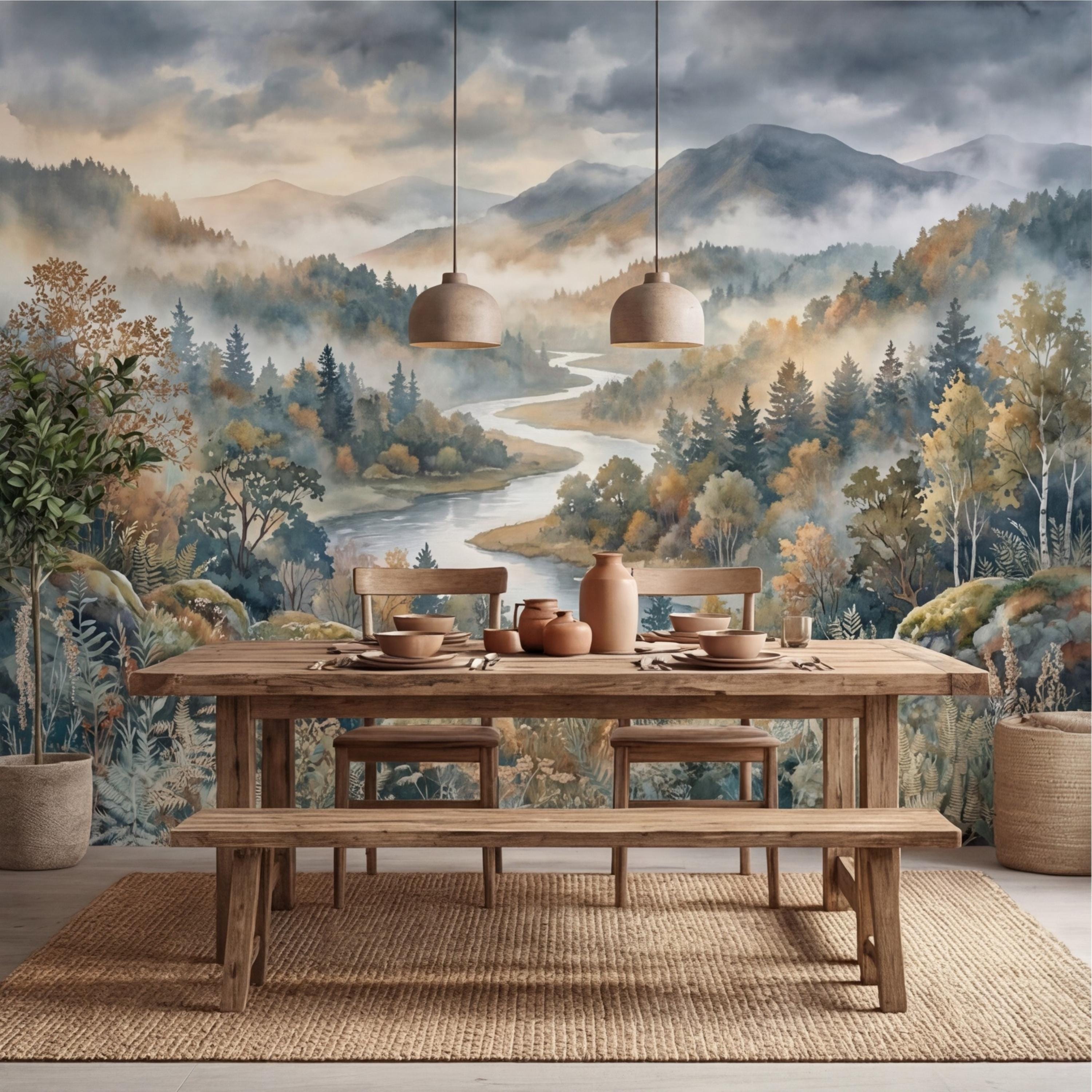 Misty Mountain River Landscape Watercolor Autumn Forest Valley Neutral Nature Peel and Stick Wall Mural