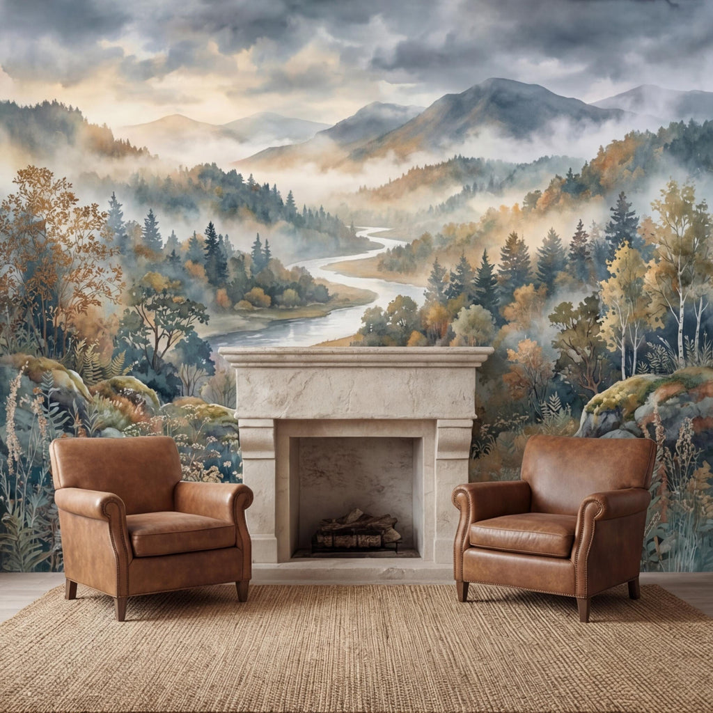 Misty Mountain River Landscape Watercolor Autumn Forest Valley Neutral Nature Peel and Stick Wall Mural