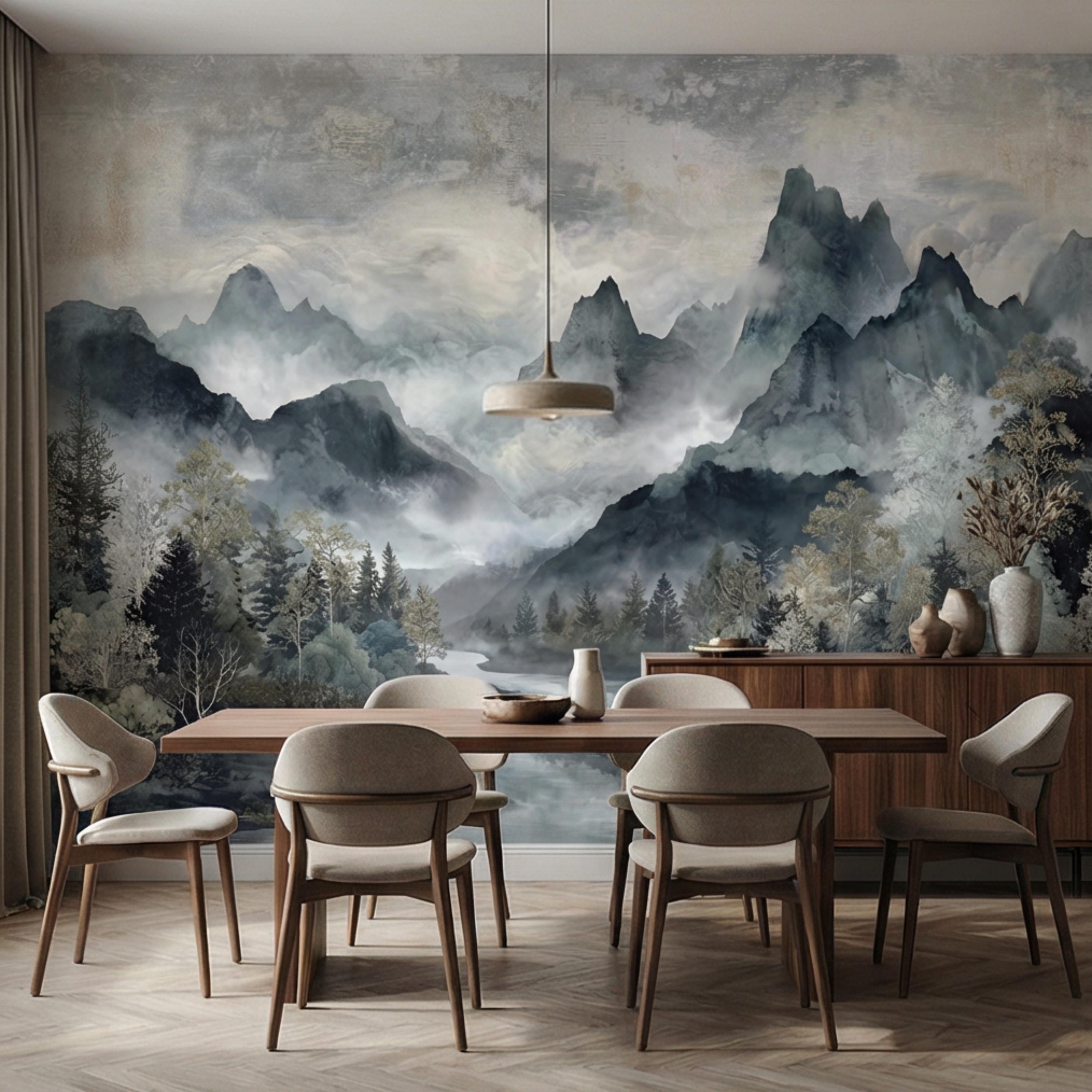 Misty Mountain River Watercolor Foggy Forest Landscape Neutral Blue Gray Scenic Peel and Stick Wall Mural