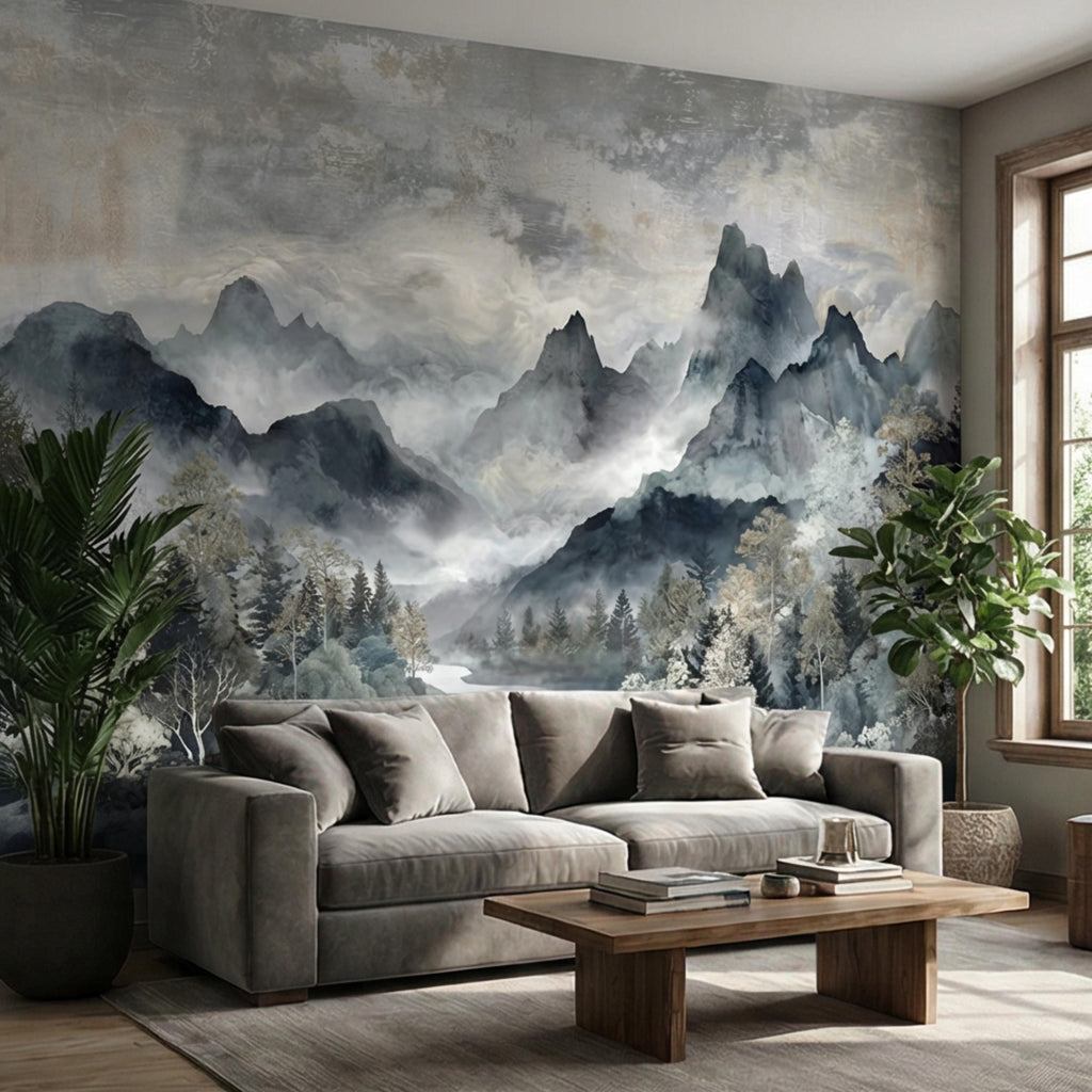 Misty Mountain River Watercolor Foggy Forest Landscape Neutral Blue Gray Scenic Peel and Stick Wall Mural