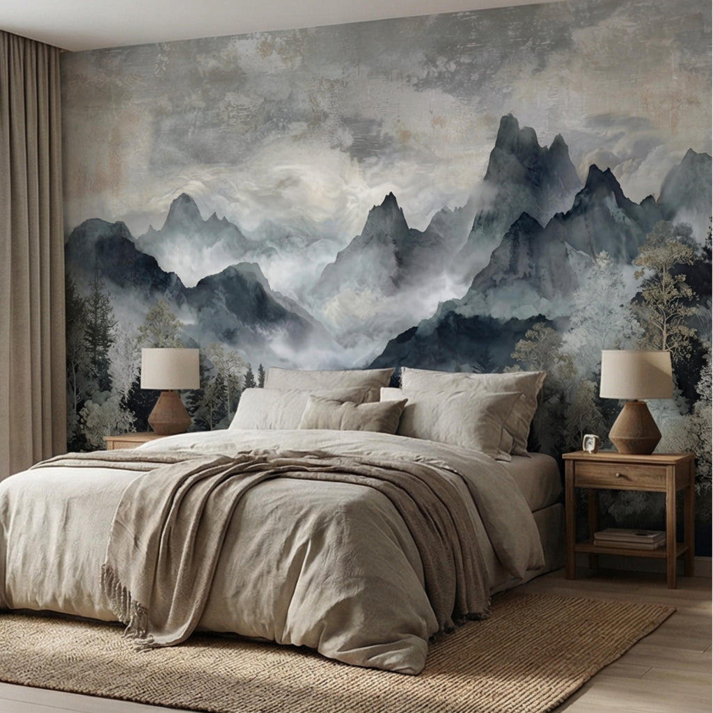 Misty Mountain River Watercolor Foggy Forest Landscape Neutral Blue Gray Scenic Peel and Stick Wall Mural