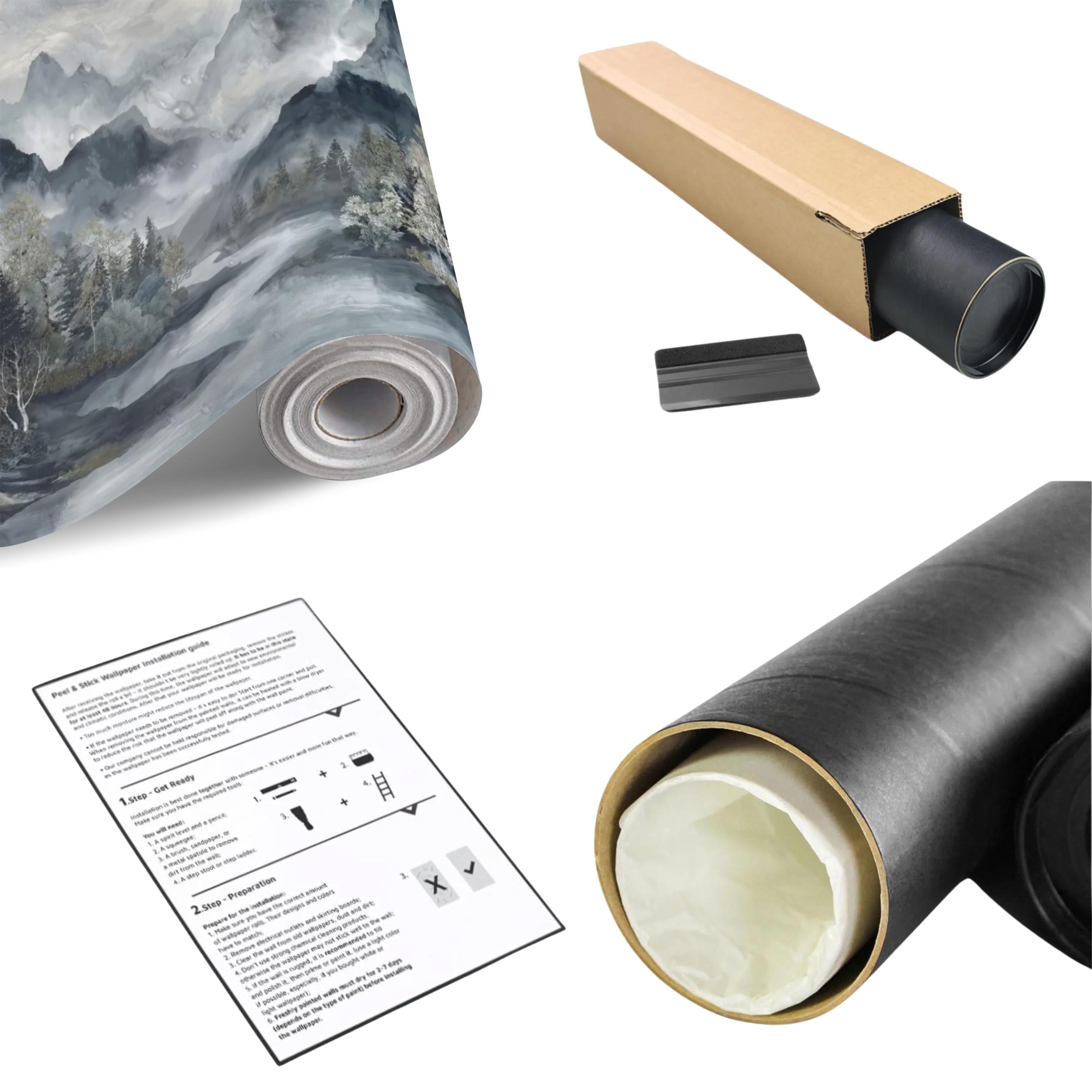 Misty Mountain River Watercolor Foggy Forest Landscape Neutral Blue Gray Scenic Peel and Stick Wall Mural