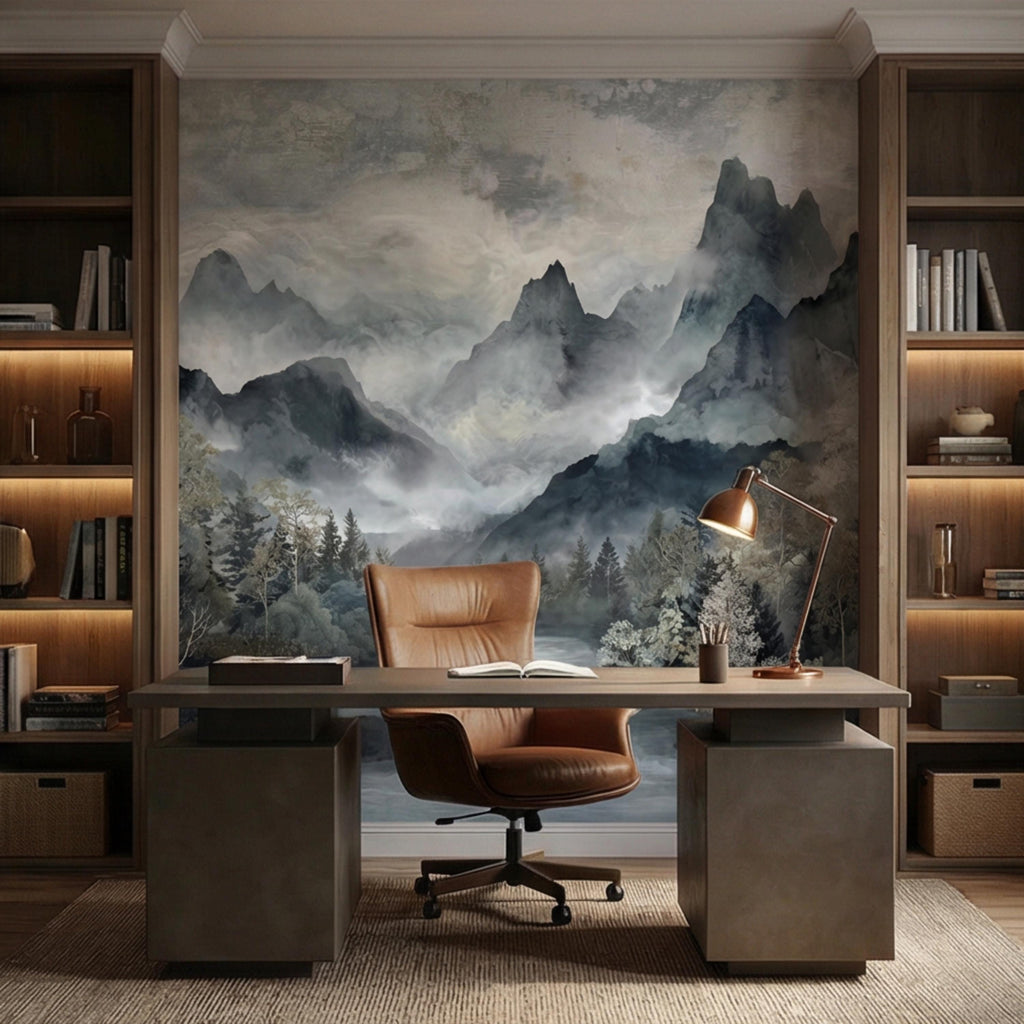 Misty Mountain River Watercolor Foggy Forest Landscape Neutral Blue Gray Scenic Peel and Stick Wall Mural