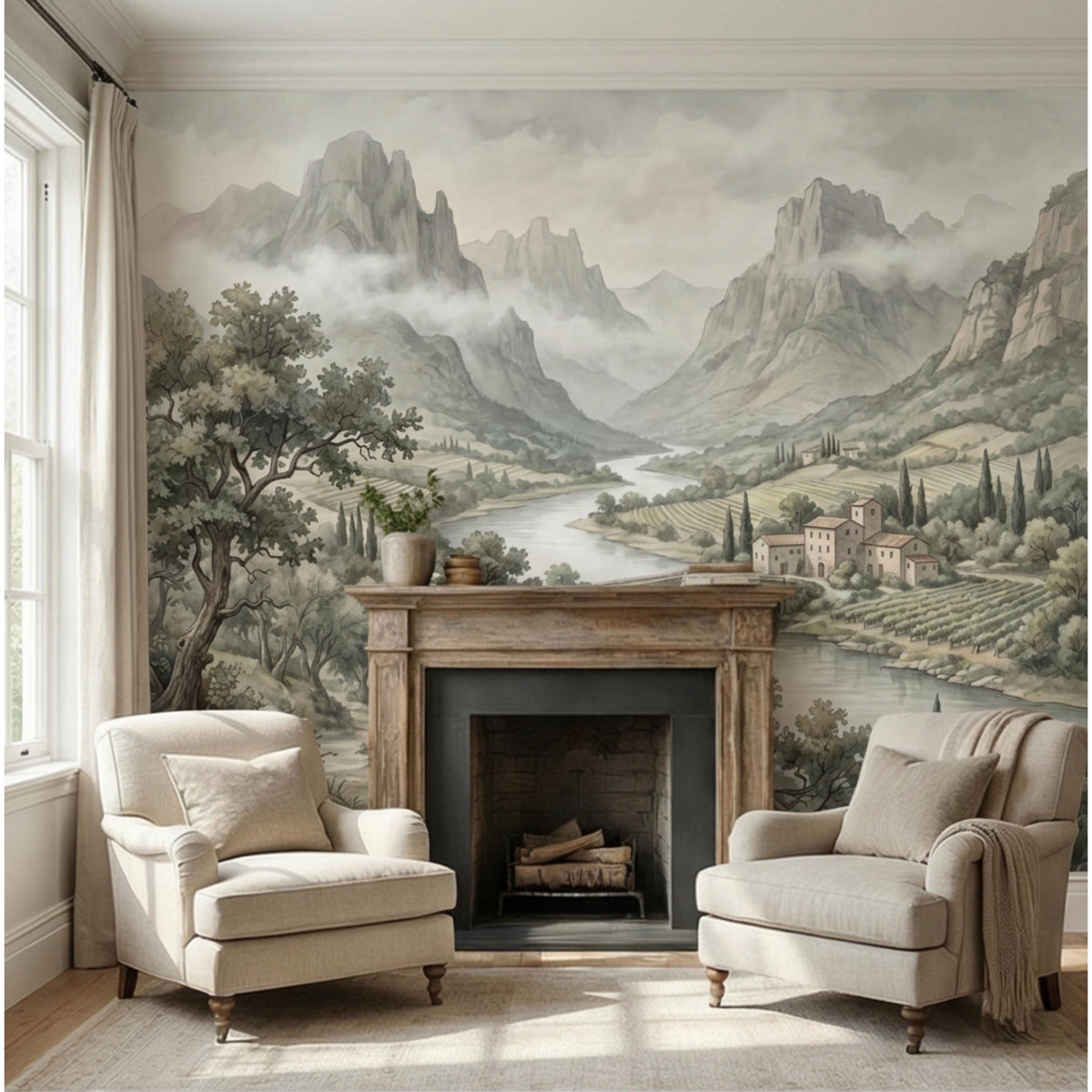Landscape wall mural with mountains, river, trees, and a village near a stone bridge