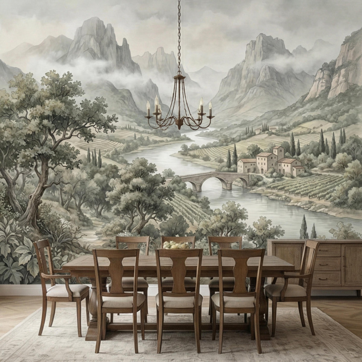 Landscape wall mural with river, stone bridge, mountains, and countryside village scene