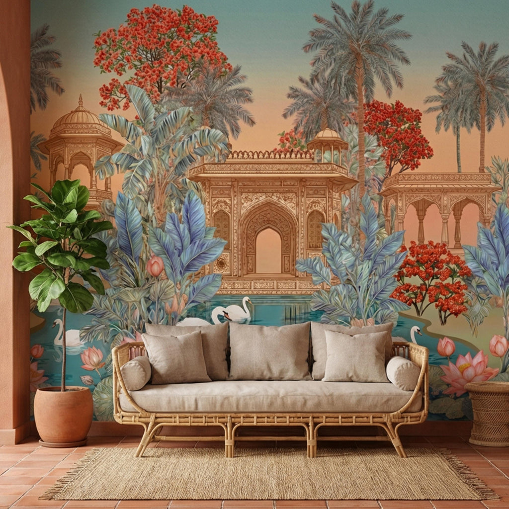 Indian Palace Lotus Pond Peel and Stick Wall Mural, Tropical Palm Garden with Swans, Jaipur Inspired Maximalist Wallpaper