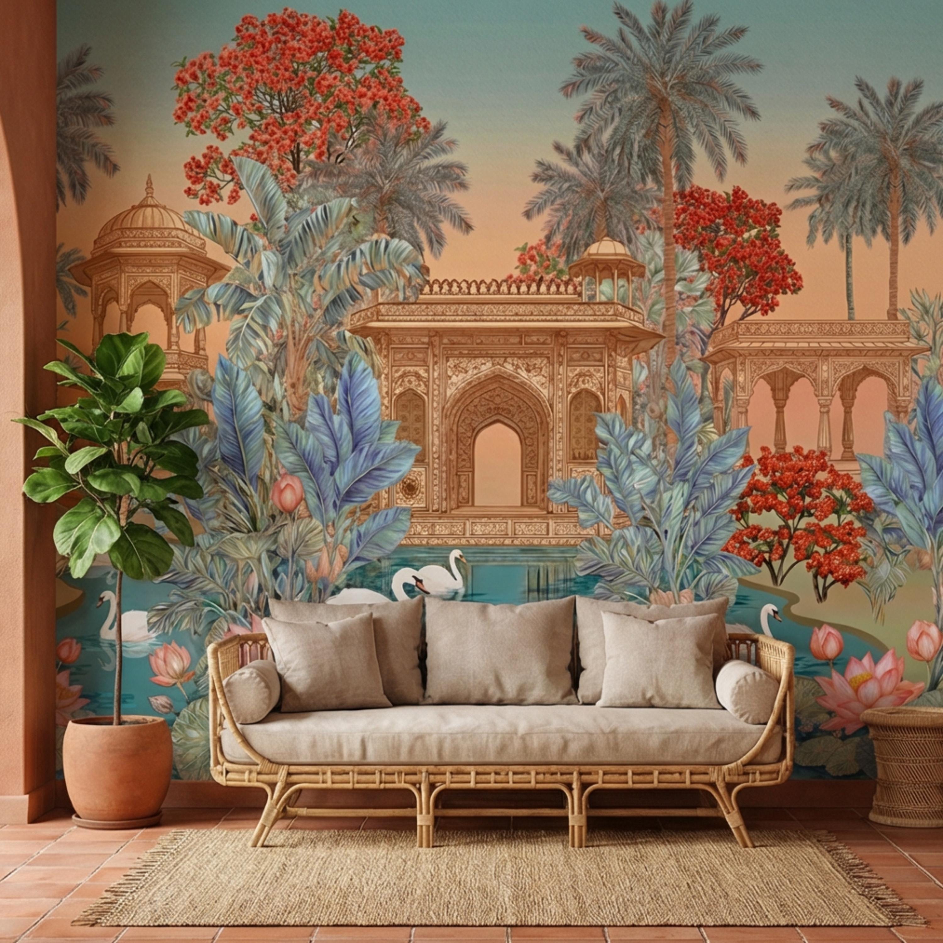 Indian Palace Lotus Pond Peel and Stick Wall Mural, Tropical Palm Garden with Swans, Jaipur Inspired Maximalist Wallpaper