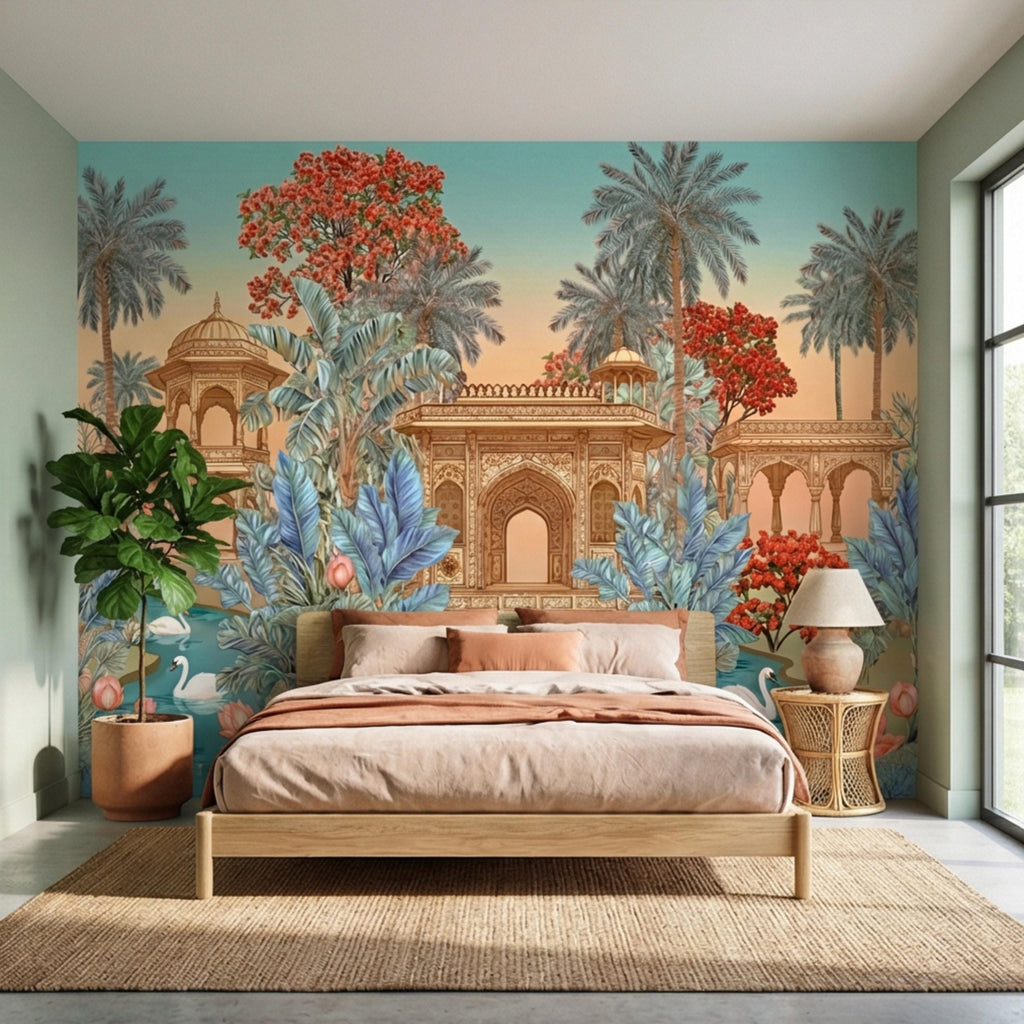 Indian Palace Lotus Pond Peel and Stick Wall Mural, Tropical Palm Garden with Swans, Jaipur Inspired Maximalist Wallpaper