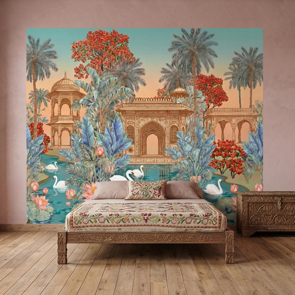 Indian Palace Lotus Pond Peel and Stick Wall Mural, Tropical Palm Garden with Swans, Jaipur Inspired Maximalist Wallpaper