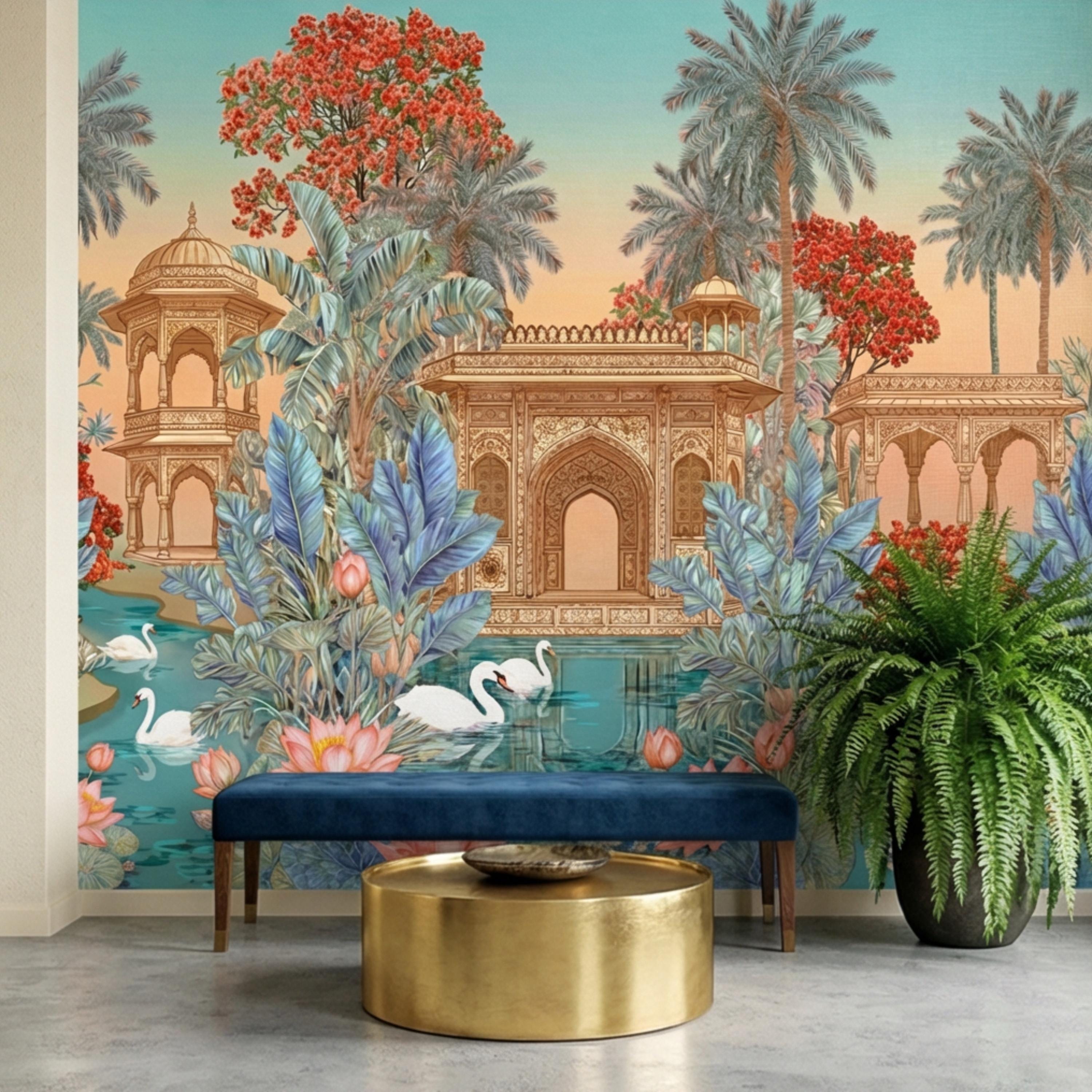 Indian Palace Lotus Pond Peel and Stick Wall Mural, Tropical Palm Garden with Swans, Jaipur Inspired Maximalist Wallpaper