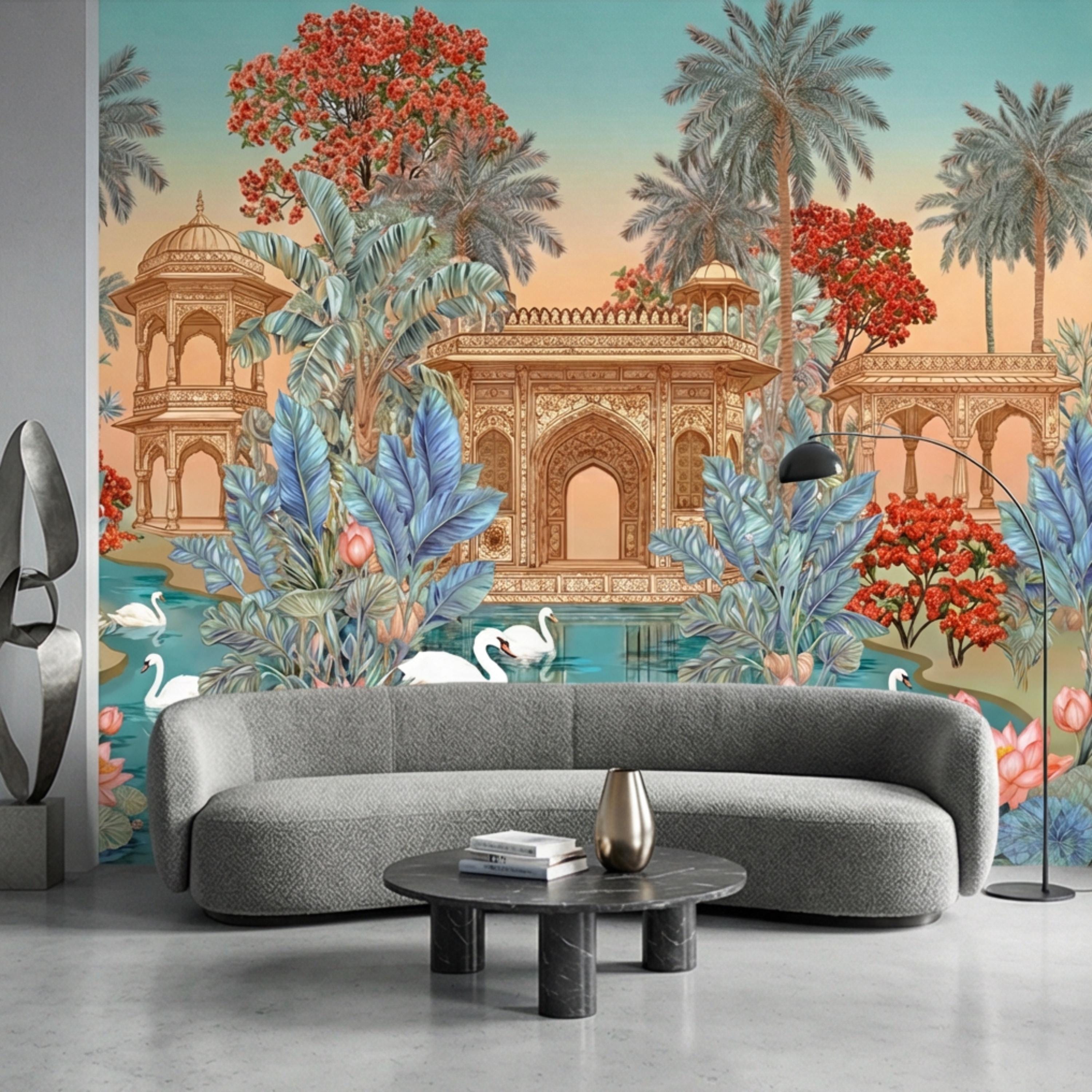 Indian Palace Lotus Pond Peel and Stick Wall Mural, Tropical Palm Garden with Swans, Jaipur Inspired Maximalist Wallpaper
