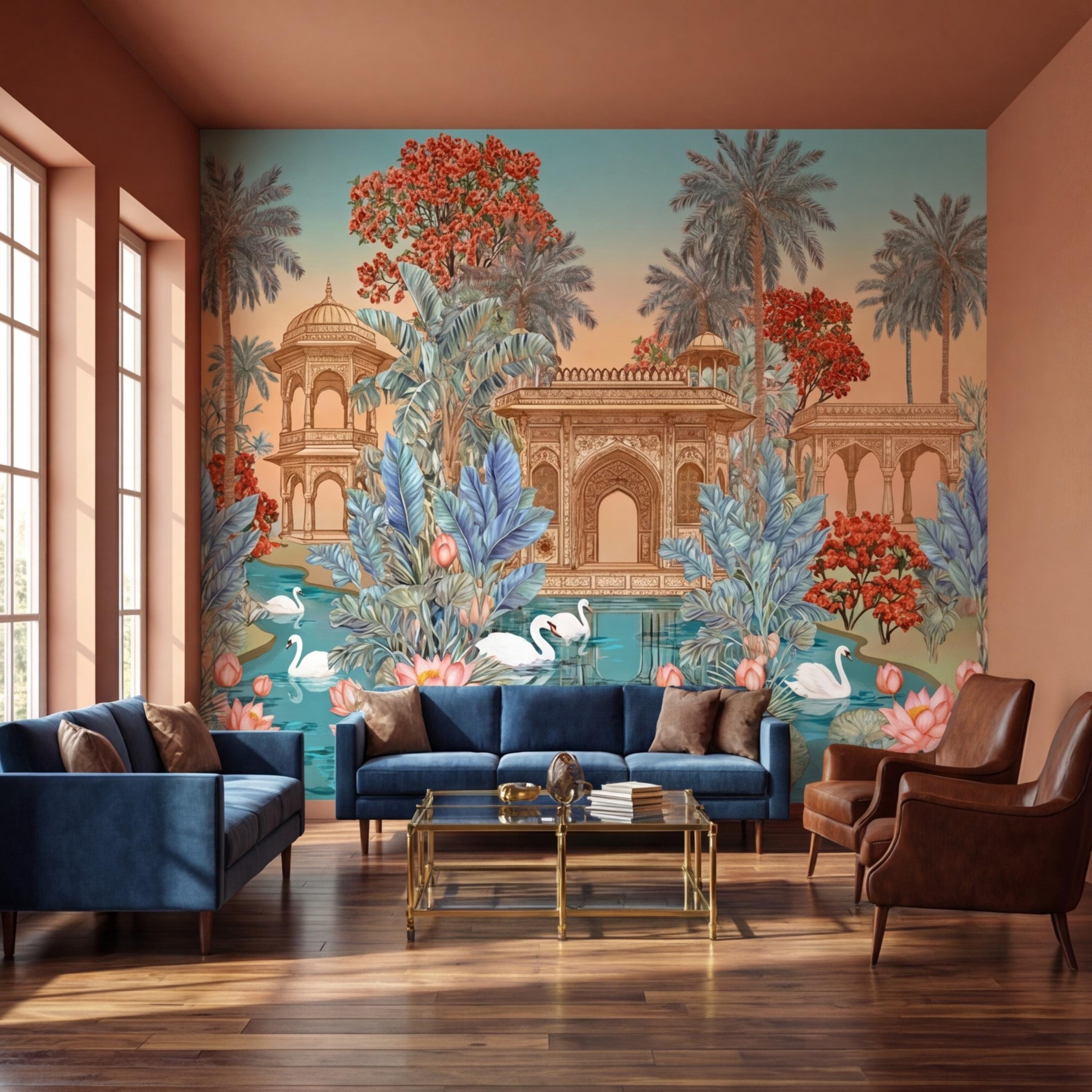 Indian Palace Lotus Pond Peel and Stick Wall Mural, Tropical Palm Garden with Swans, Jaipur Inspired Maximalist Wallpaper