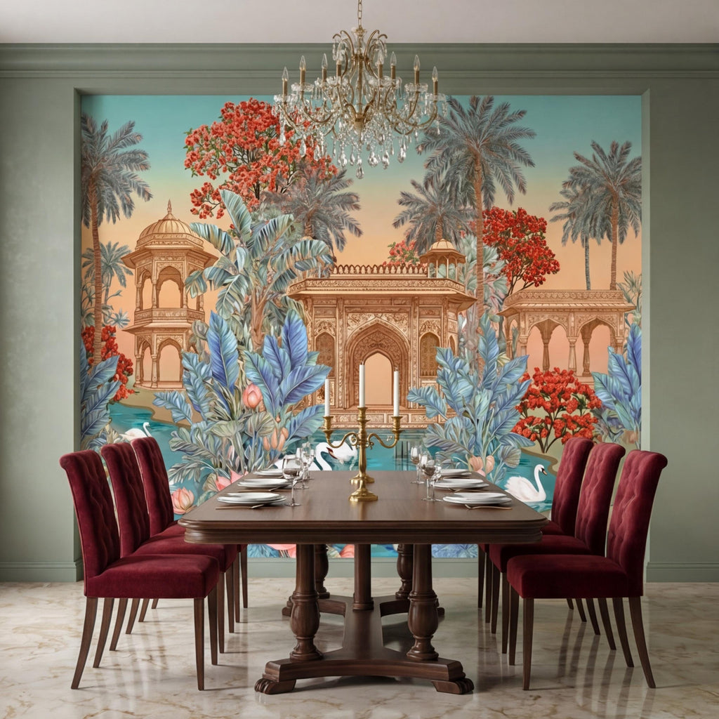 Indian Palace Lotus Pond Peel and Stick Wall Mural, Tropical Palm Garden with Swans, Jaipur Inspired Maximalist Wallpaper