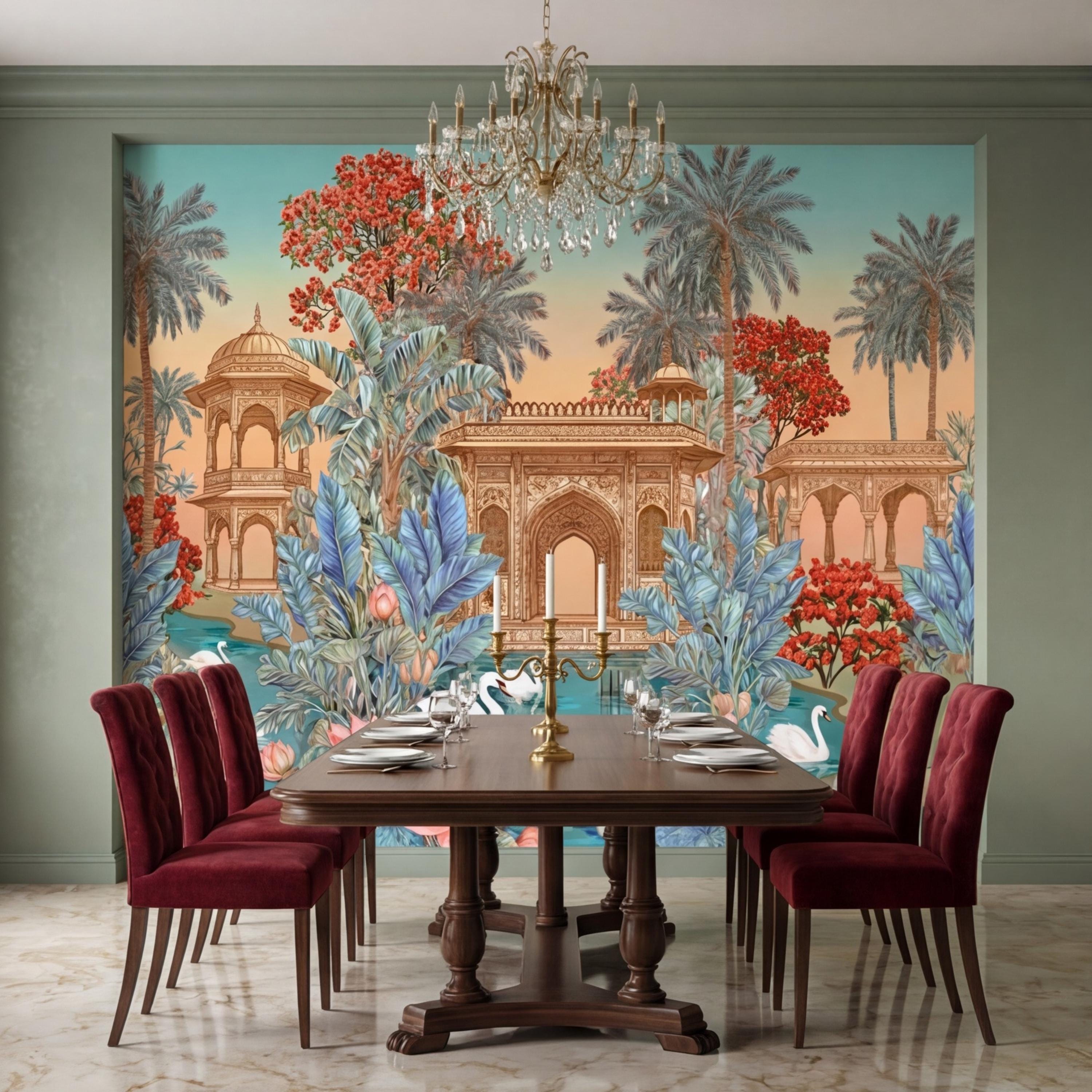 Indian Palace Lotus Pond Peel and Stick Wall Mural, Tropical Palm Garden with Swans, Jaipur Inspired Maximalist Wallpaper