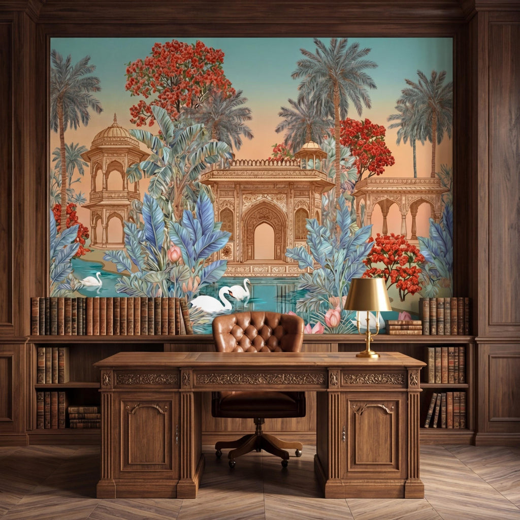 Indian Palace Lotus Pond Peel and Stick Wall Mural, Tropical Palm Garden with Swans, Jaipur Inspired Maximalist Wallpaper