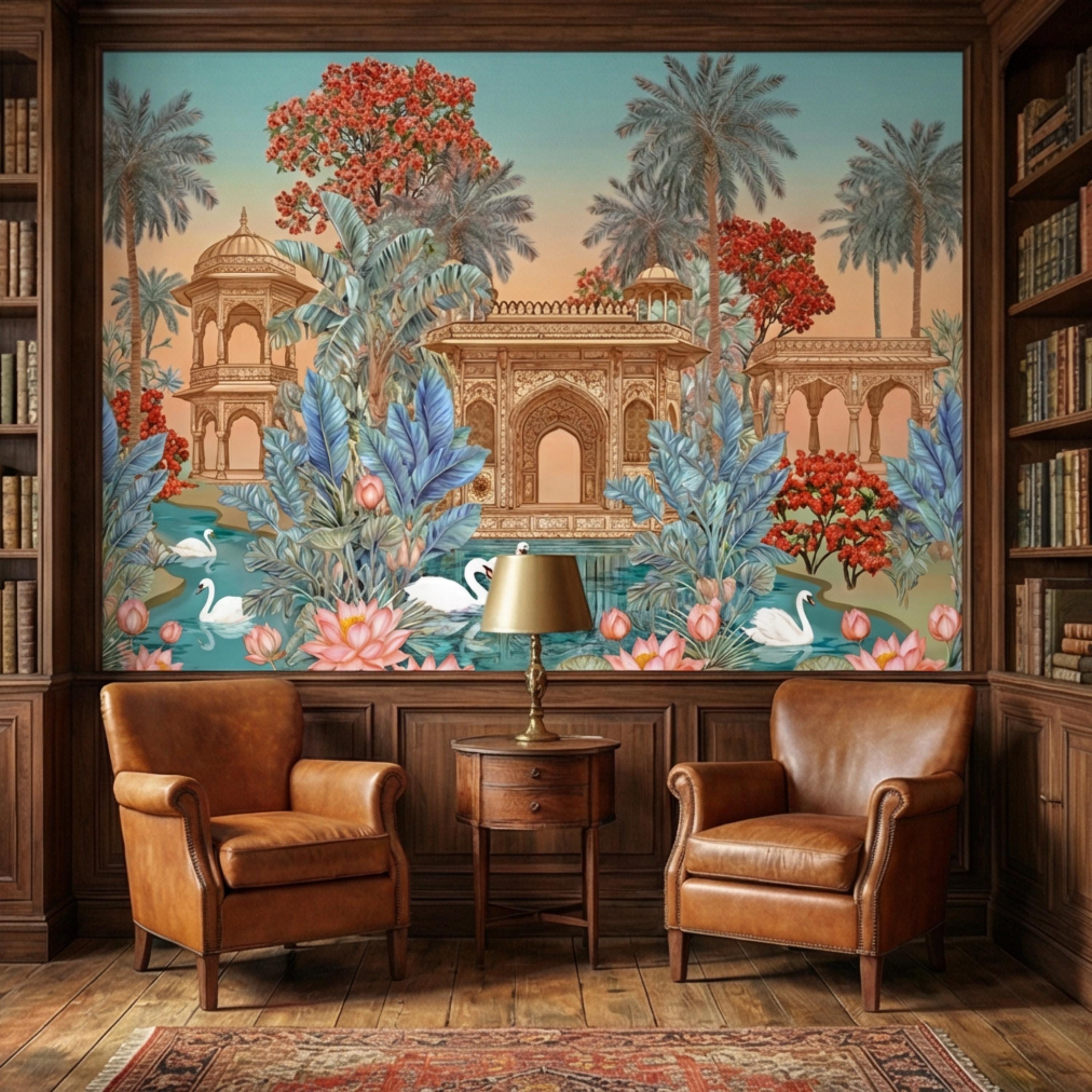 Indian Palace Lotus Pond Peel and Stick Wall Mural, Tropical Palm Garden with Swans, Jaipur Inspired Maximalist Wallpaper