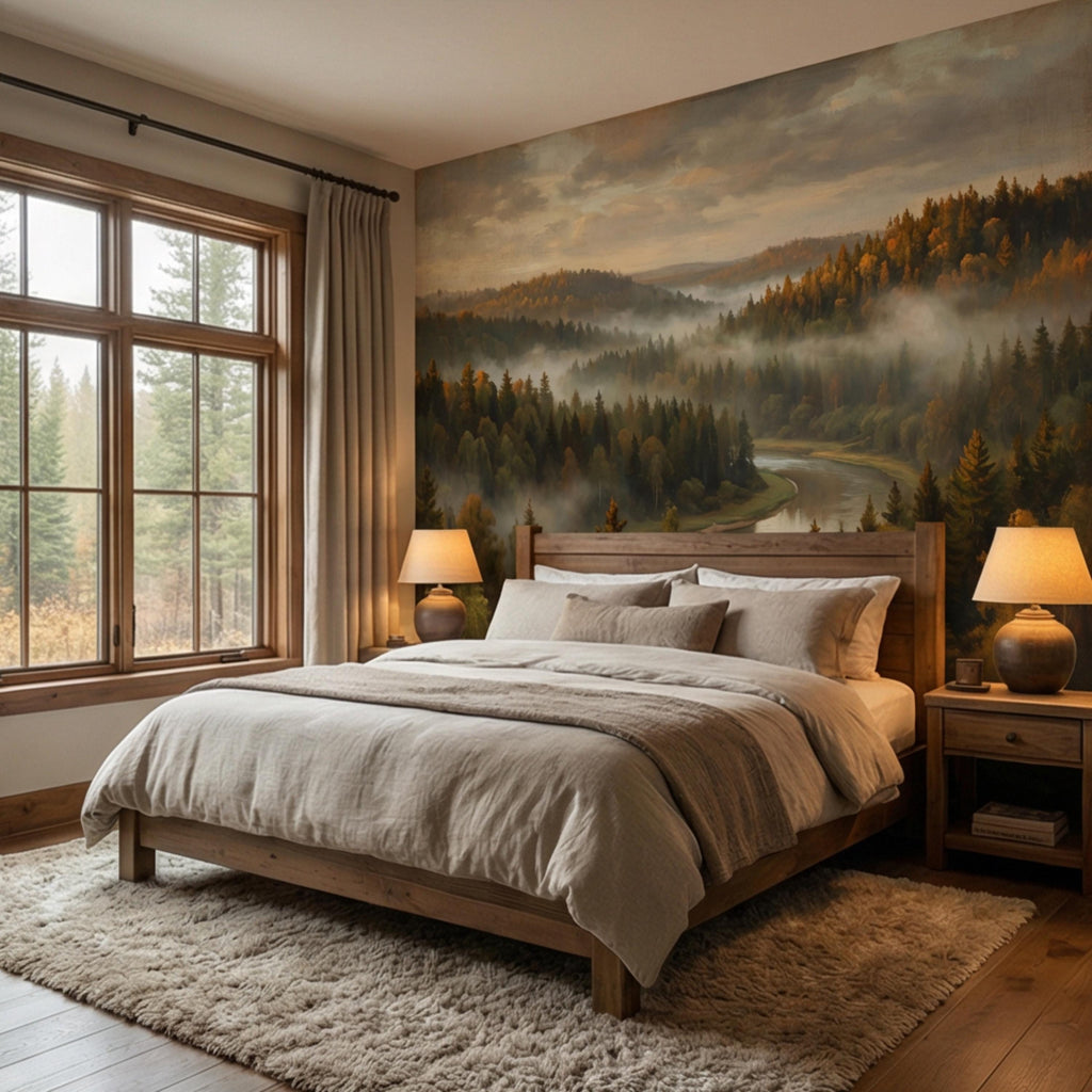 Misty Autumn Forest River Peel and Stick Wall Mural, Moody Foggy Woodland Landscape, Warm Fall Colors Nature Wallpaper